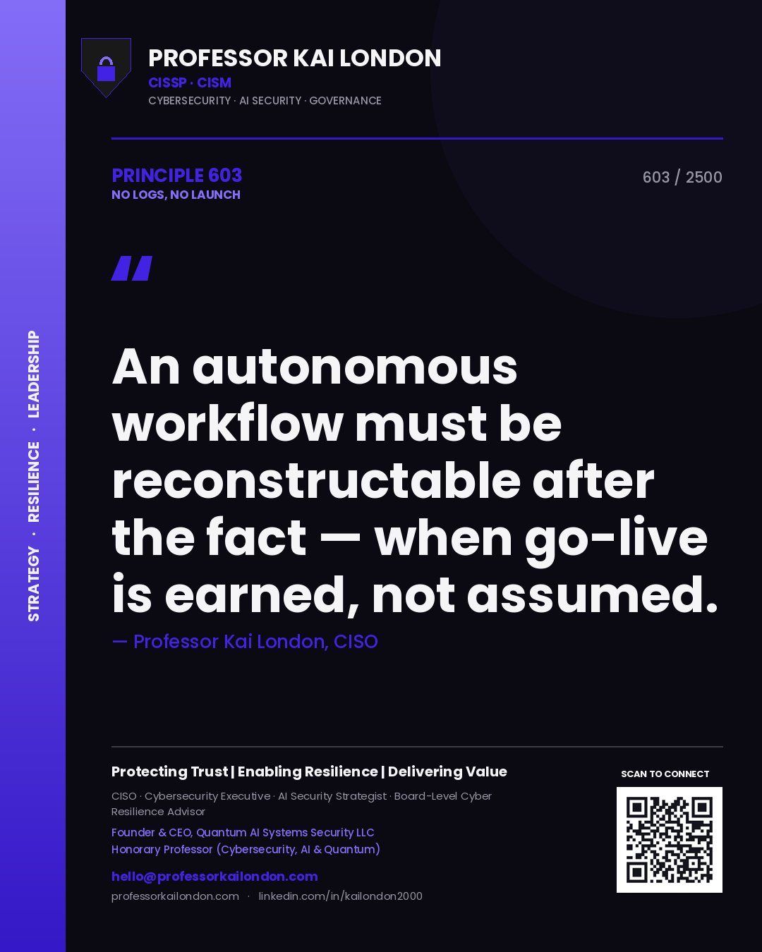 Professor Kai London principle 603: An autonomous workflow must be reconstructable after the fact — when go-live is earned, not assumed.