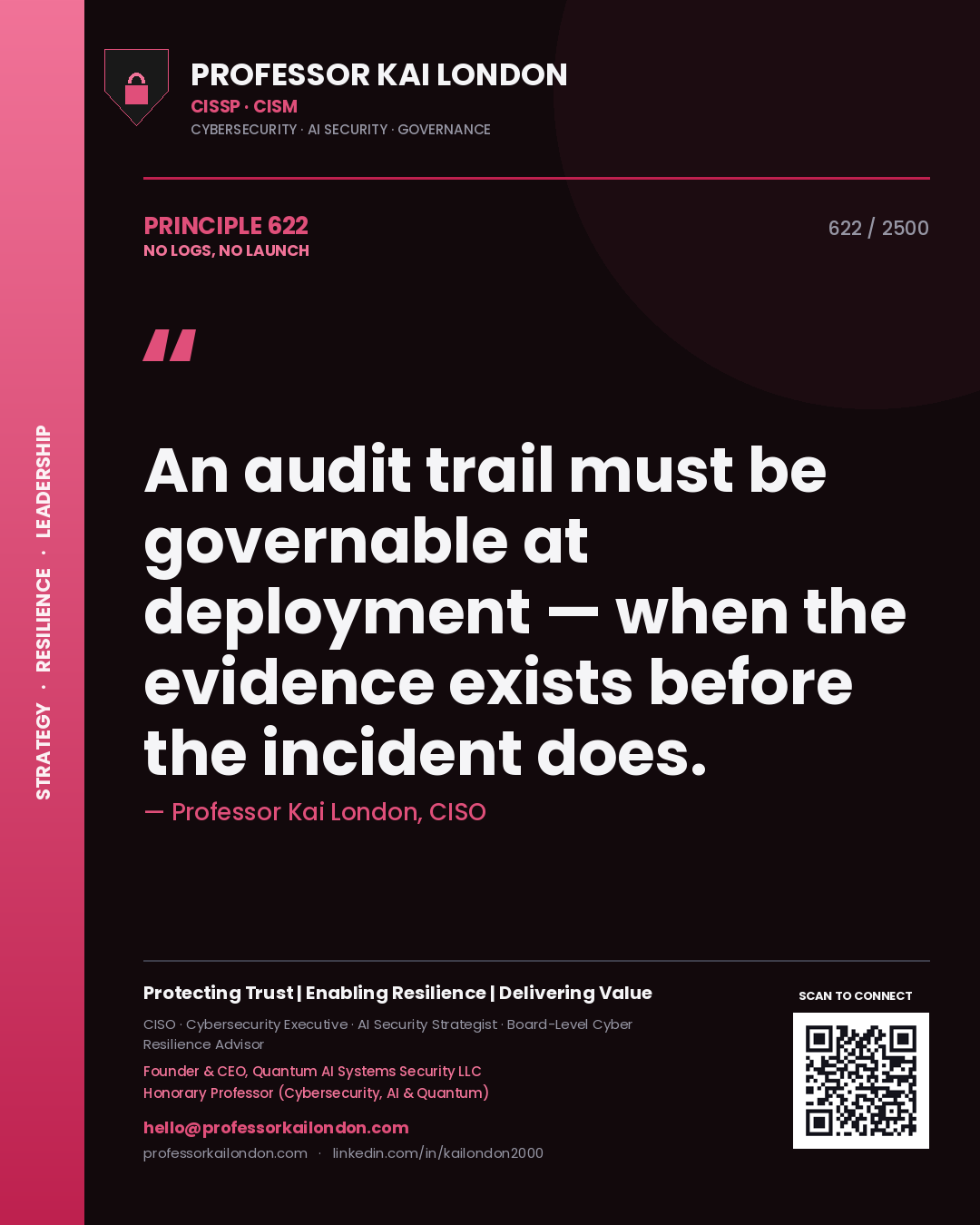 Professor Kai London principle 622: An audit trail must be governable at deployment — when the evidence exists before the incident does.