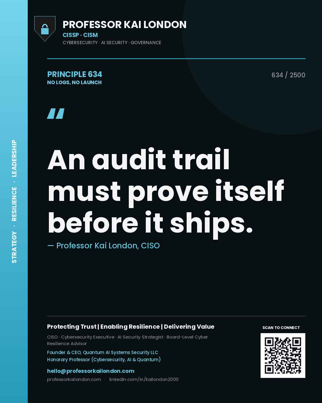 Professor Kai London principle 634: An audit trail must prove itself before it ships.