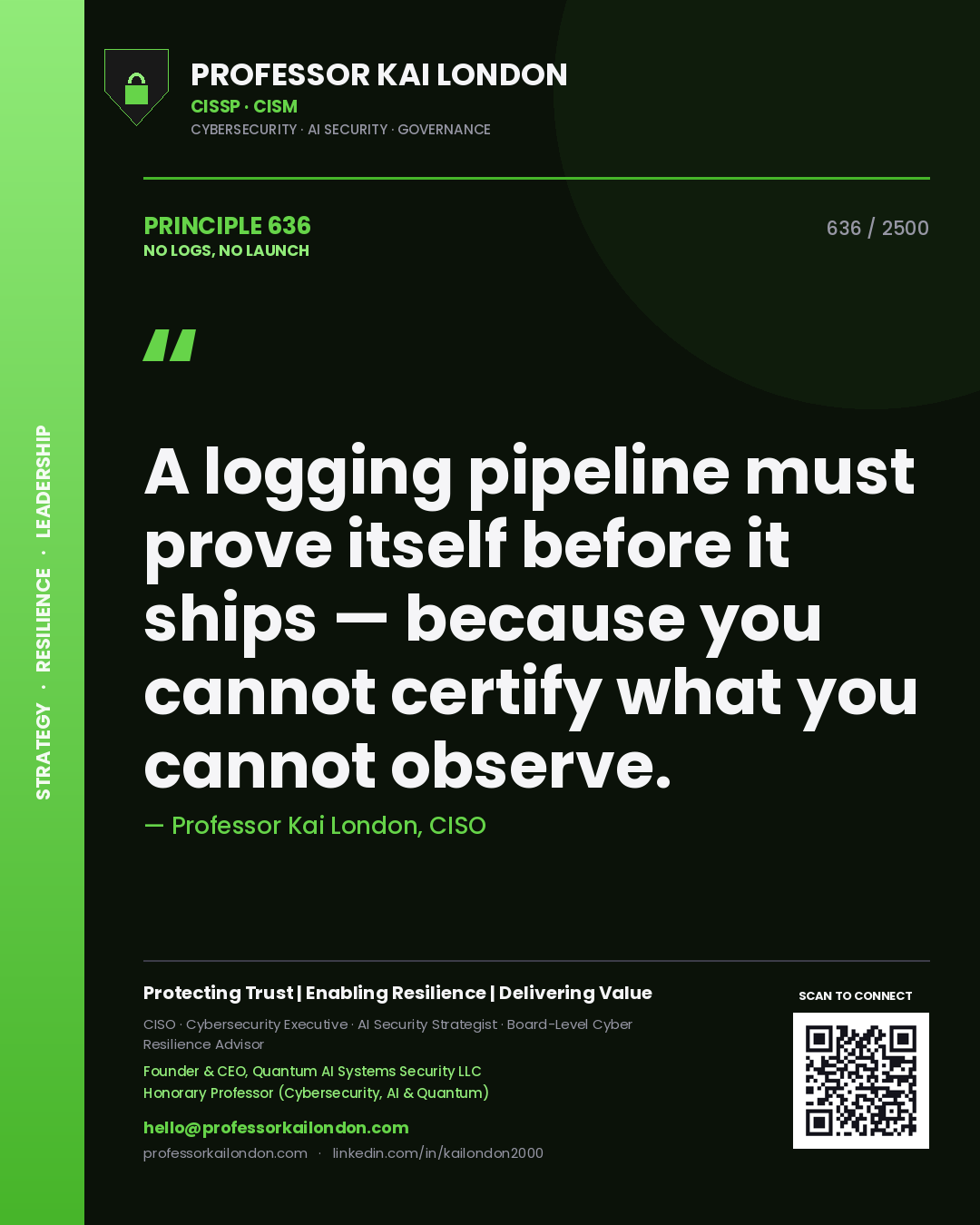 Quote card by Professor Kai London reading 'A logging pipeline must prove itself before it ships — because you cannot certify what you cannot observe.'. From the book No Logs, No Launch.