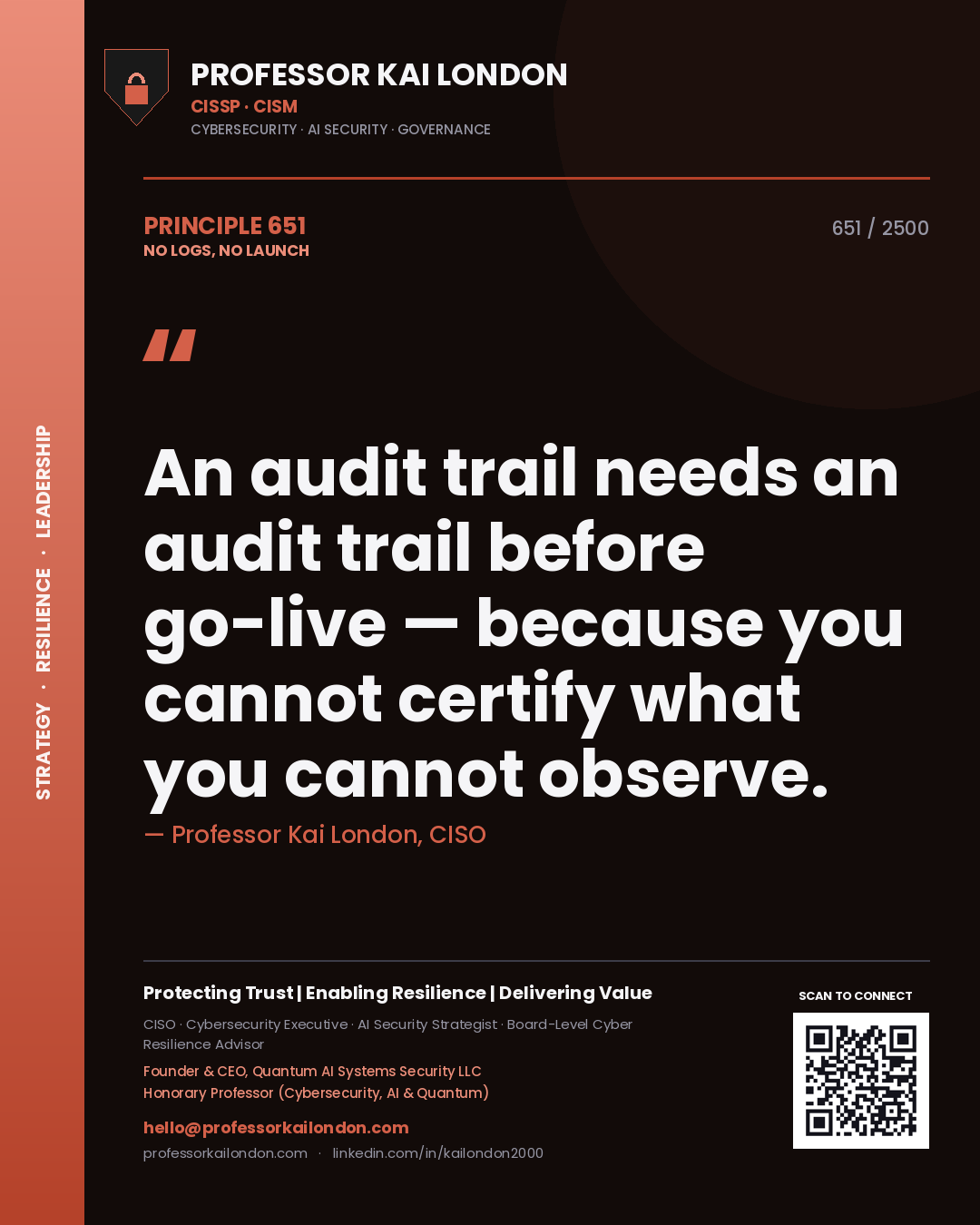 Professor Kai London principle 651: An audit trail needs an audit trail before go-live — because you cannot certify what you cannot observe.