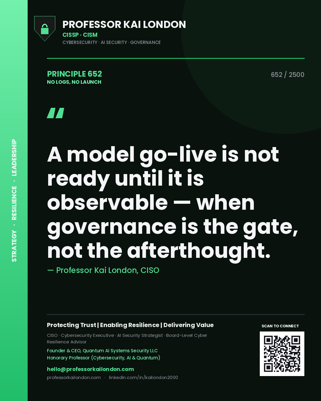 Quote card by Professor Kai London reading 'A model go-live is not ready until it is observable — when governance is the gate, not the afterthought.'. From the book No Logs, No Launch.