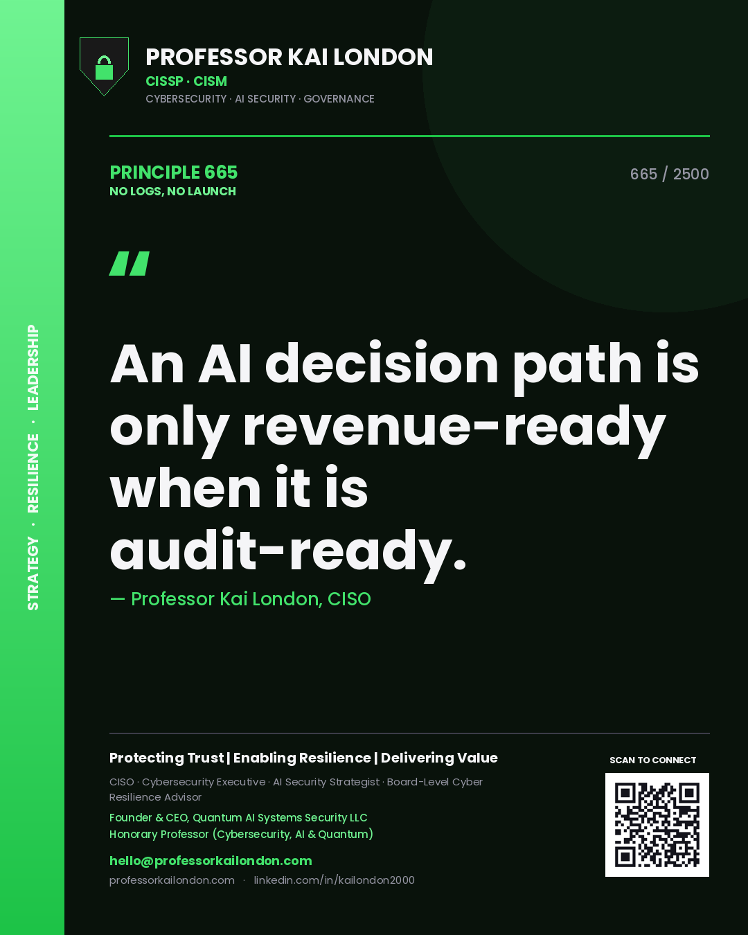 Quote card by Professor Kai London reading 'An AI decision path is only revenue-ready when it is audit-ready.'. From the book No Logs, No Launch.