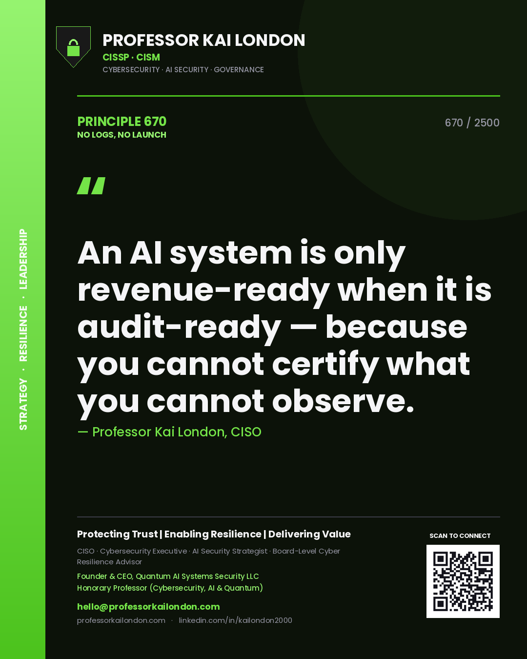 Quote card by Professor Kai London reading 'An AI system is only revenue-ready when it is audit-ready — because you cannot certify what you cannot observe.'. From the book No Logs, No Launch.