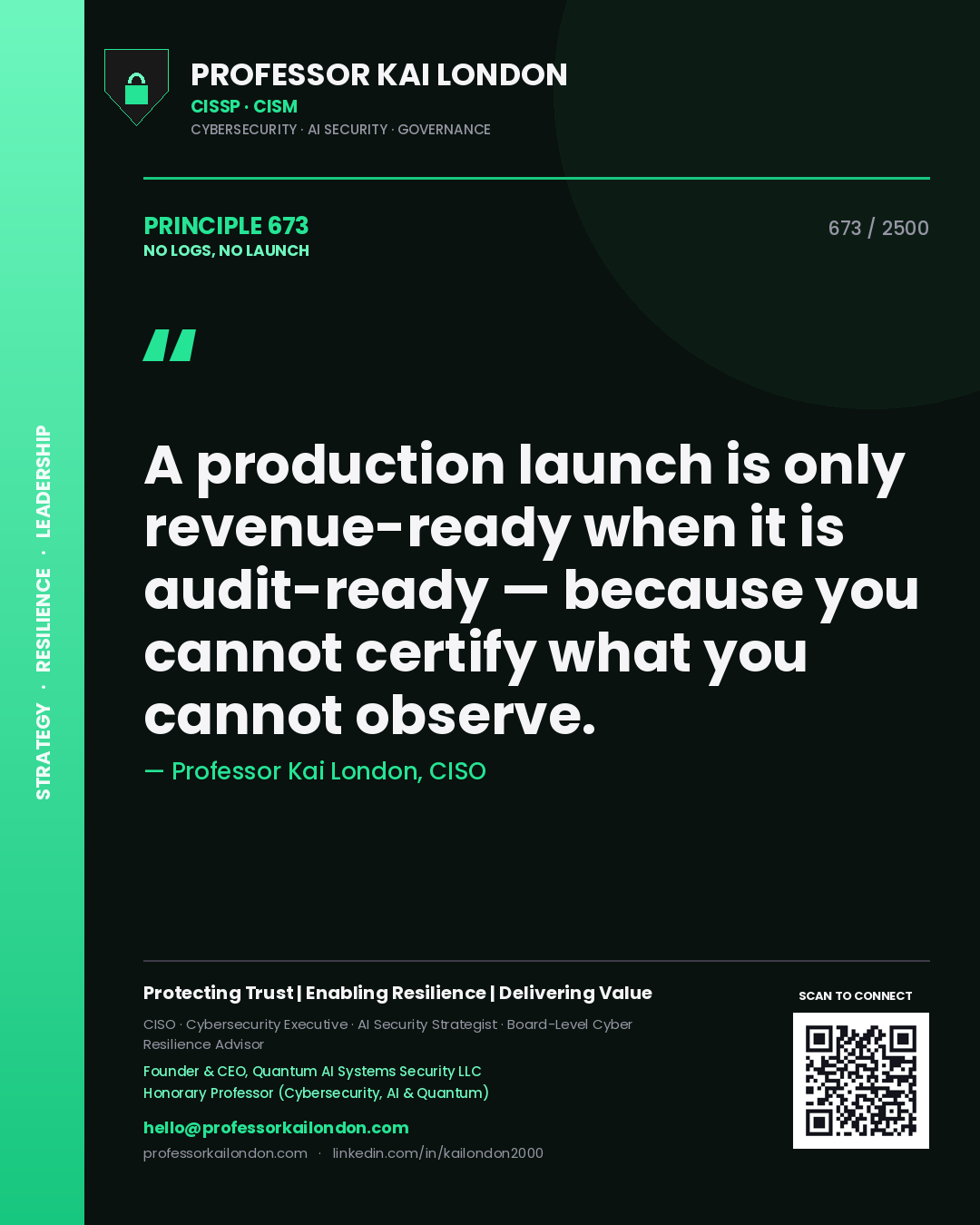 Quote card by Professor Kai London reading 'A production launch is only revenue-ready when it is audit-ready — because you cannot certify what you cannot observe.'. From the book No Logs, No Launch.