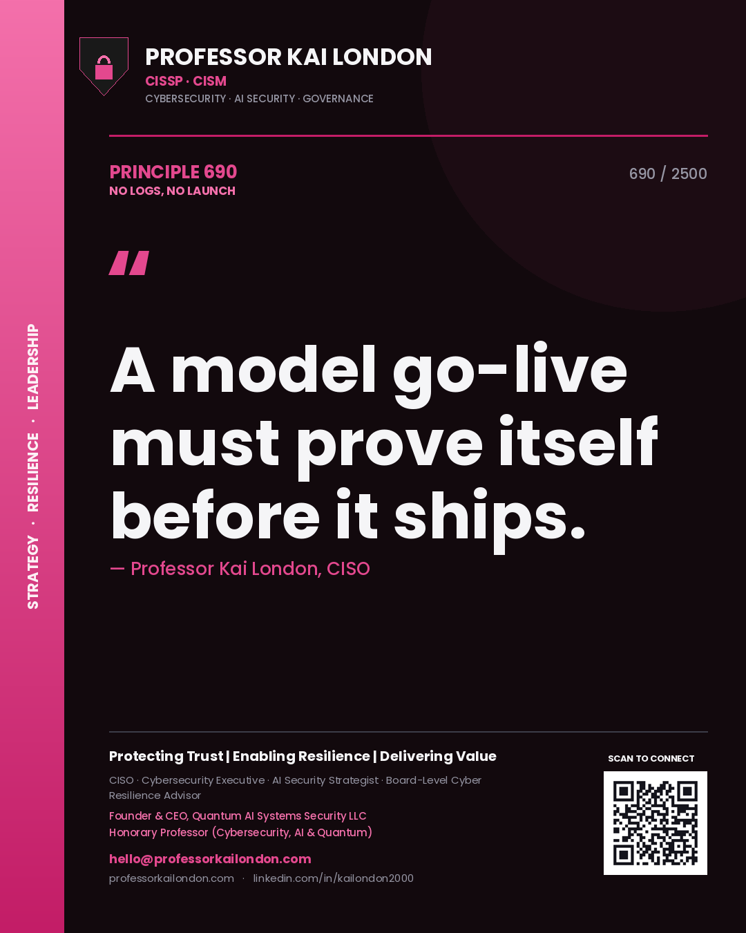Quote card by Professor Kai London reading 'A model go-live must prove itself before it ships.'. From the book No Logs, No Launch.