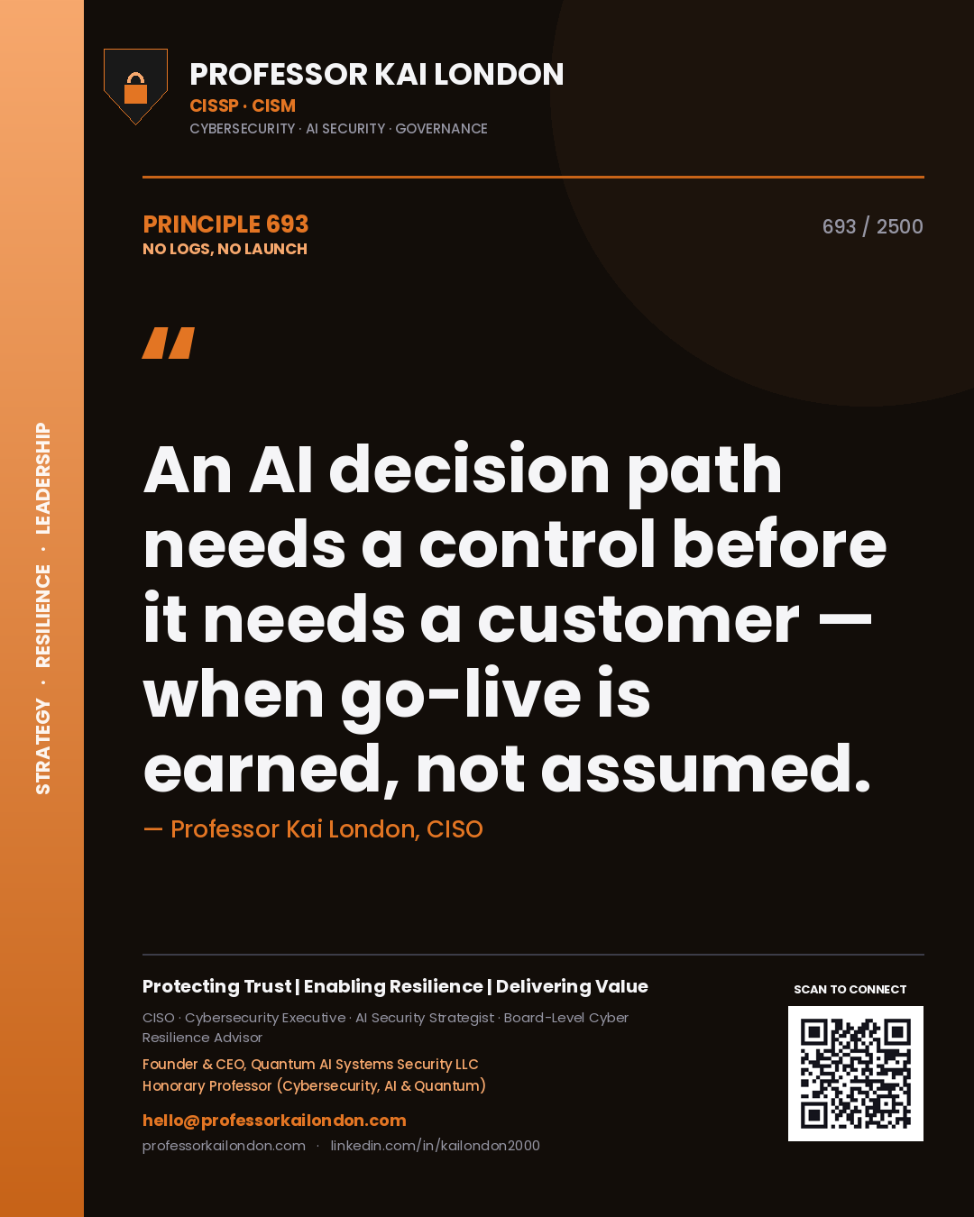 Professor Kai London principle 693: An AI decision path needs a control before it needs a customer — when go-live is earned, not assumed.