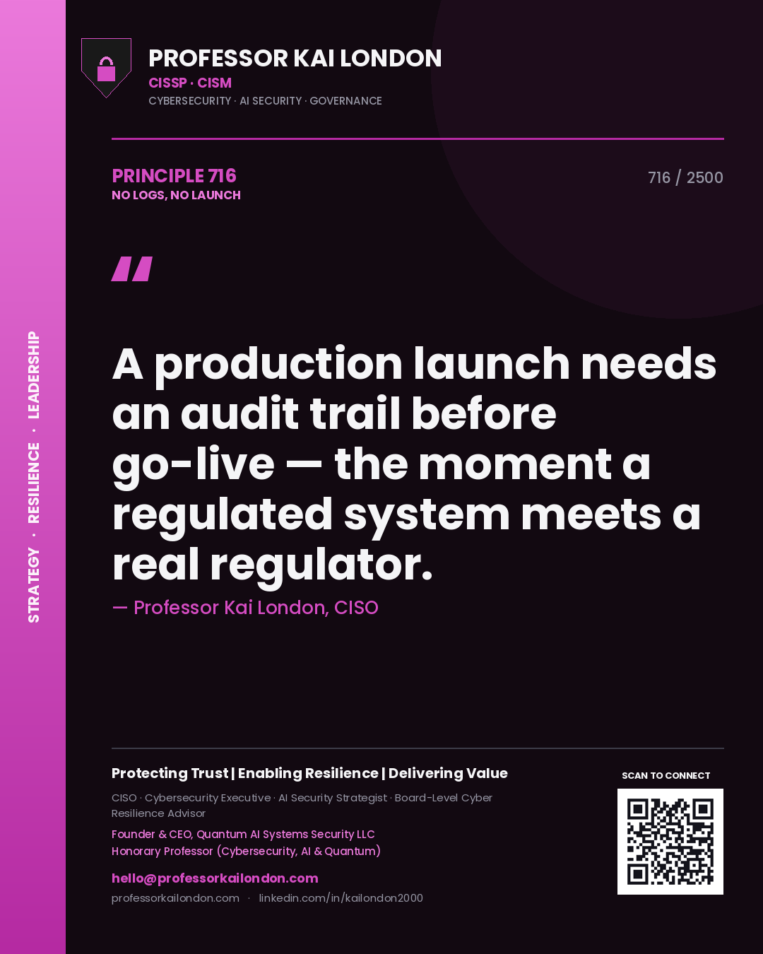 Professor Kai London principle 716: A production launch needs an audit trail before go-live — the moment a regulated system meets a real regulator.