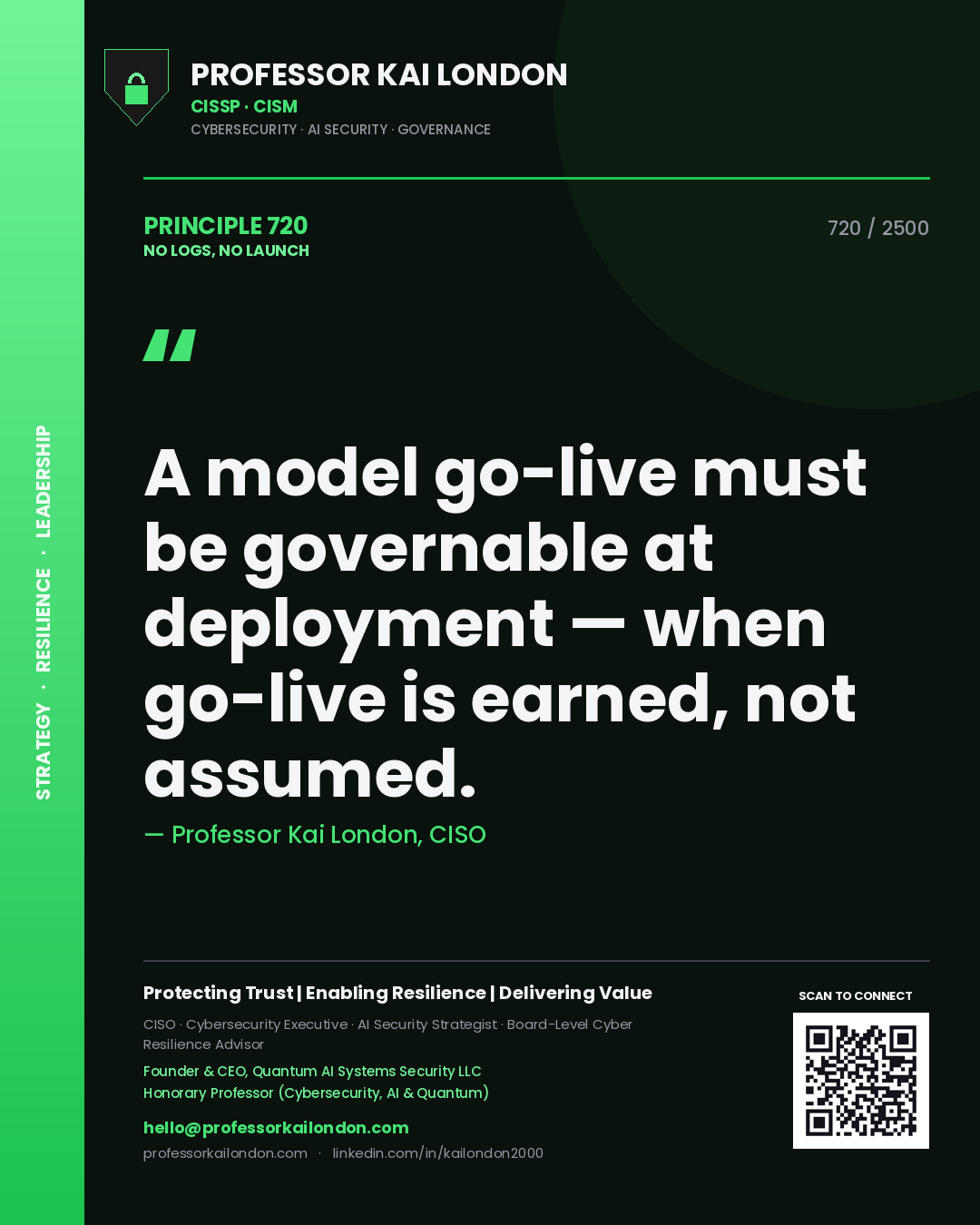 Professor Kai London principle 720: A model go-live must be governable at deployment — when go-live is earned, not assumed.