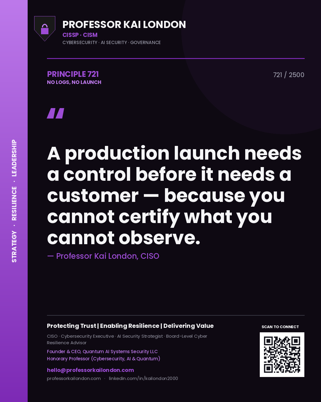 Quote card by Professor Kai London reading 'A production launch needs a control before it needs a customer — because you cannot certify what you cannot observe.'. From the book No Logs, No Launch.