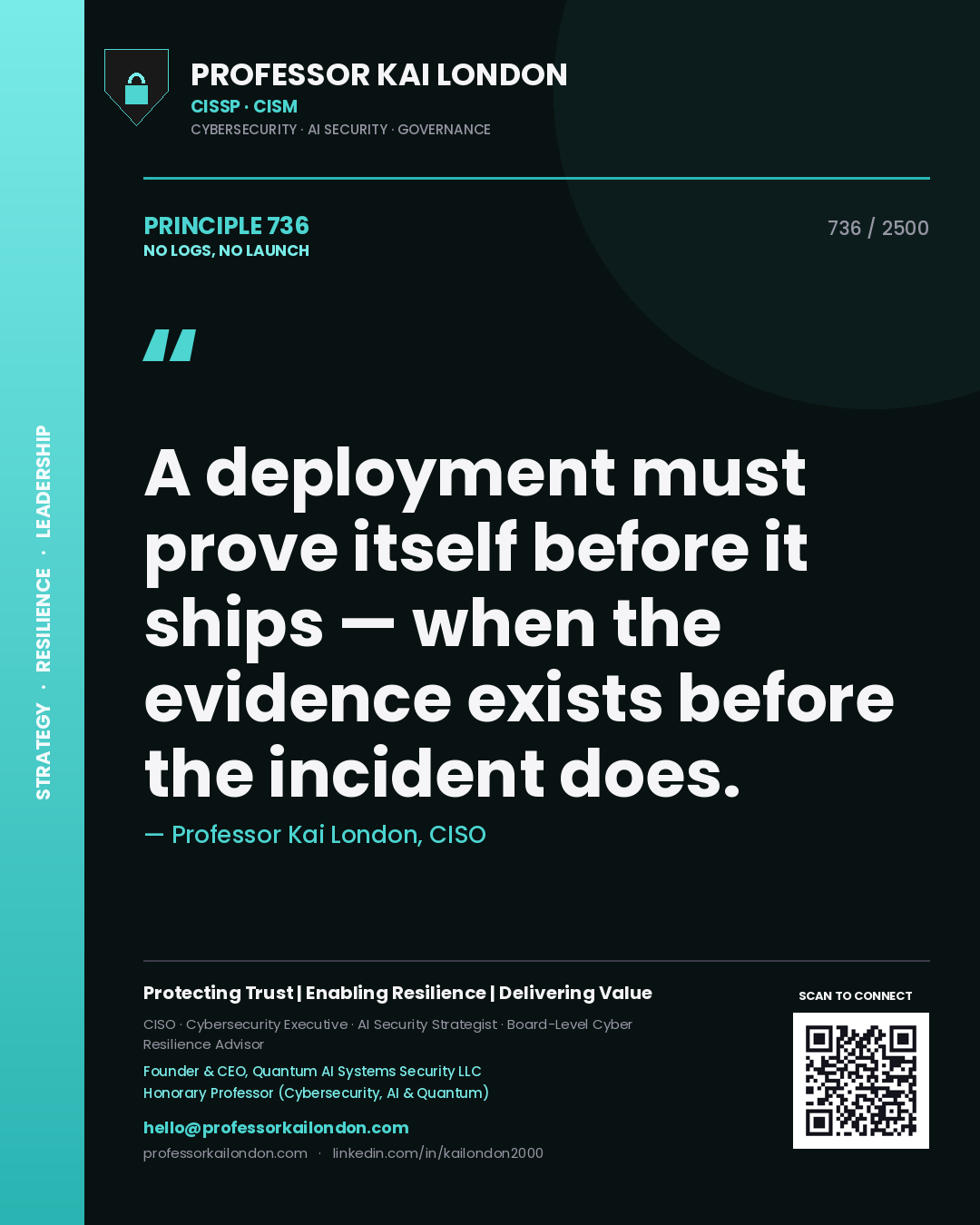 Professor Kai London principle 736: A deployment must prove itself before it ships — when the evidence exists before the incident does.