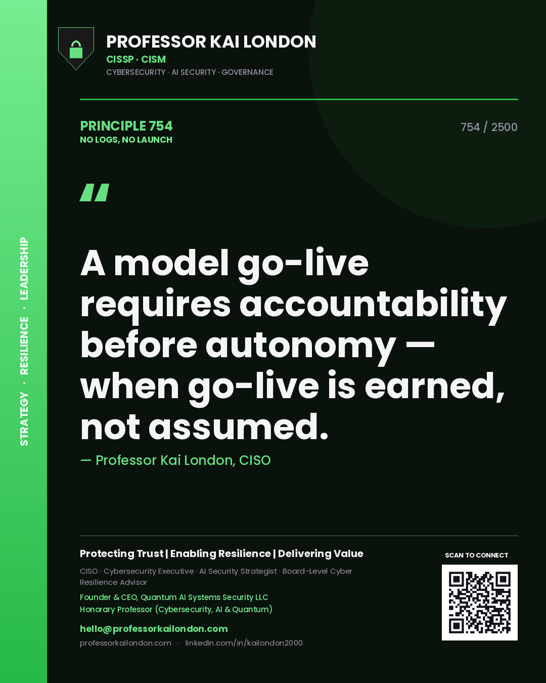 Quote card by Professor Kai London reading 'A model go-live requires accountability before autonomy — when go-live is earned, not assumed.'. From the book No Logs, No Launch.