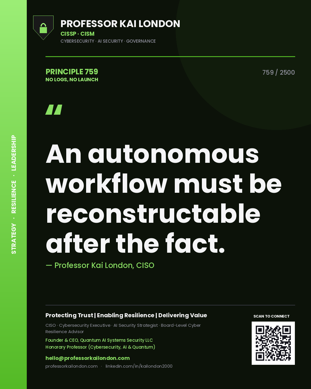 Quote card by Professor Kai London reading 'An autonomous workflow must be reconstructable after the fact.'. From the book No Logs, No Launch.