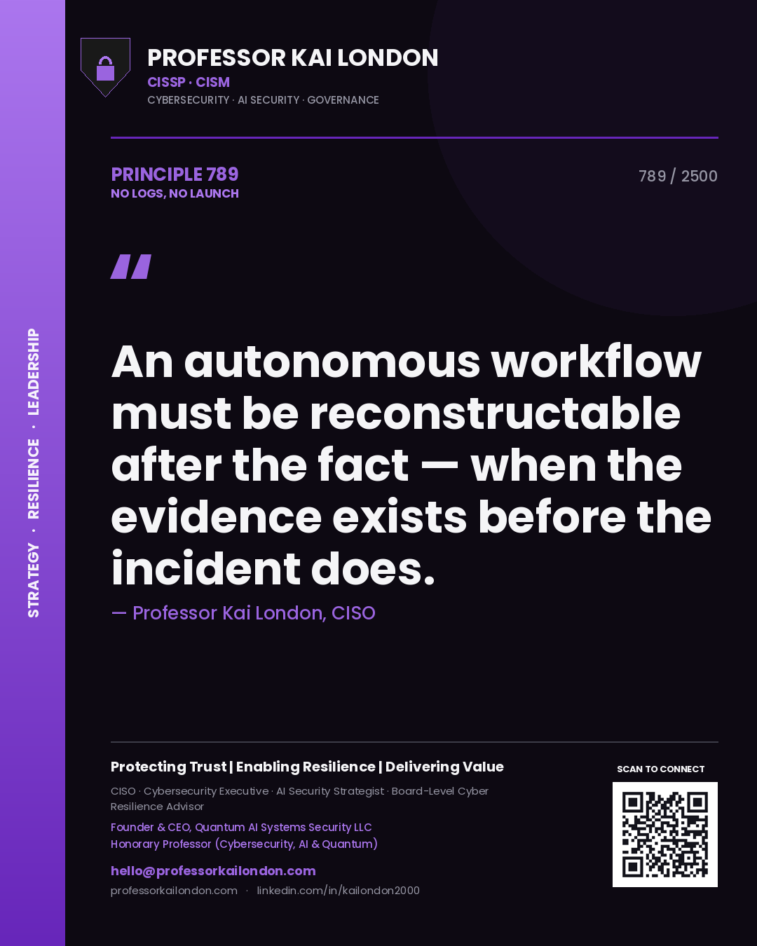 Professor Kai London principle 789: An autonomous workflow must be reconstructable after the fact — when the evidence exists before the incident does.