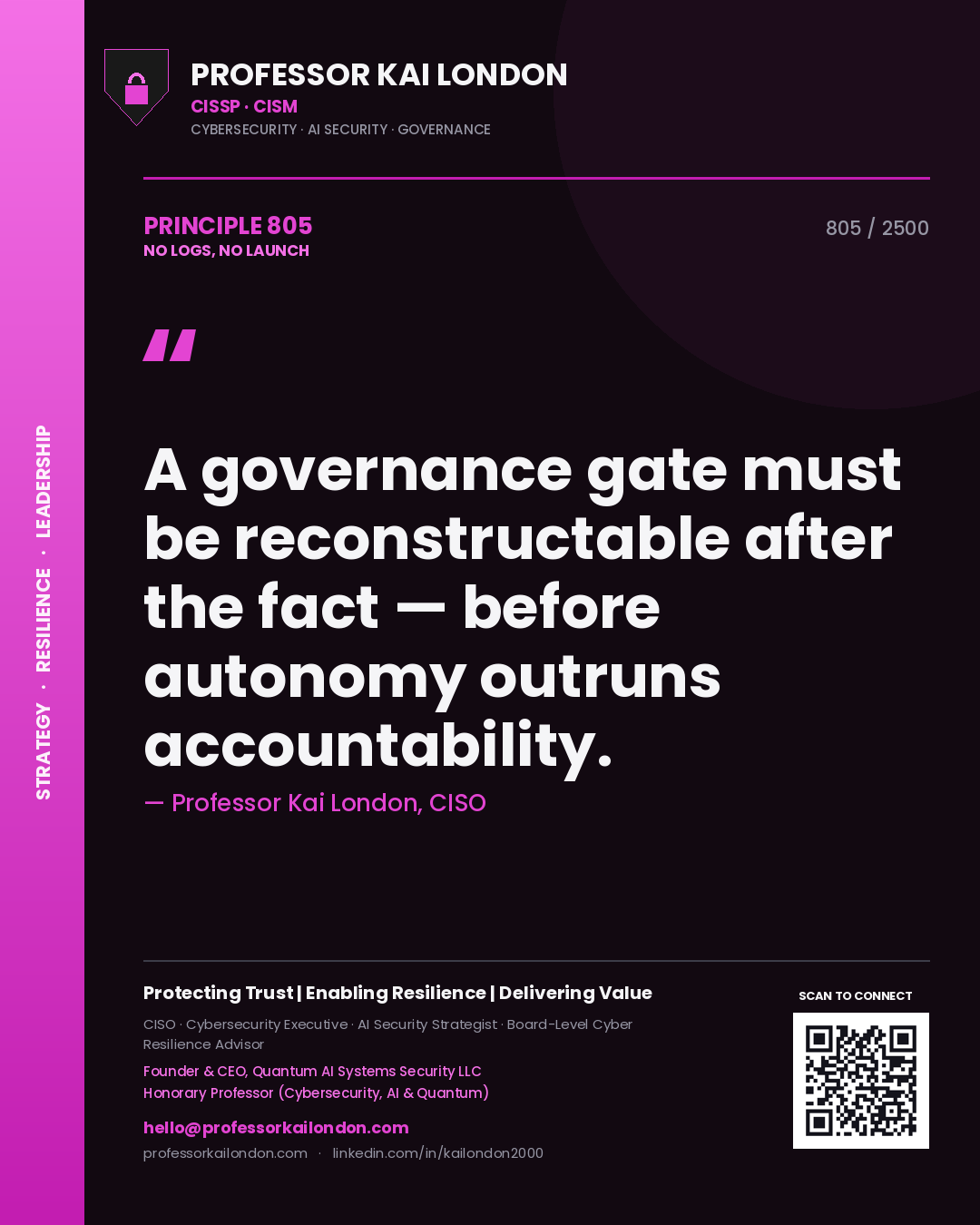 Quote card by Professor Kai London reading 'A governance gate must be reconstructable after the fact — before autonomy outruns accountability.'. From the book No Logs, No Launch.