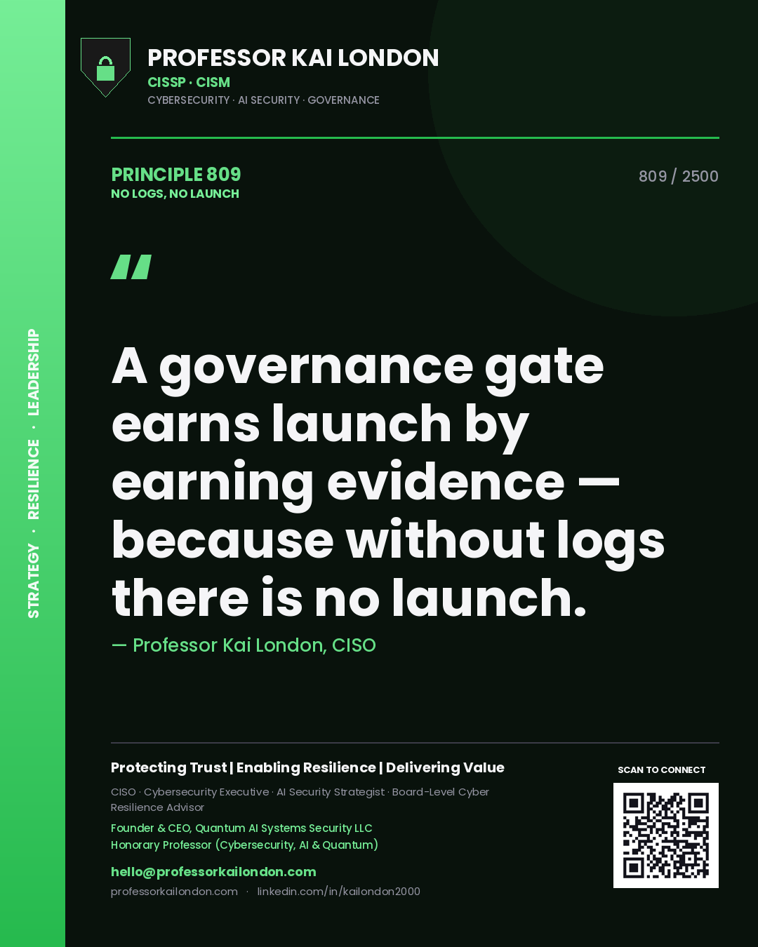 Professor Kai London principle 809: A governance gate earns launch by earning evidence — because without logs there is no launch.