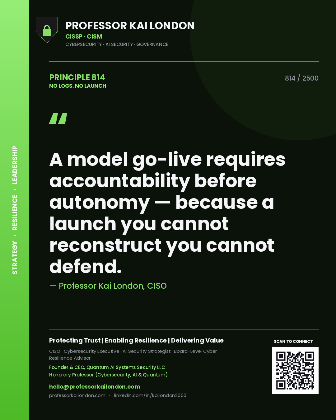 Quote card by Professor Kai London reading 'A model go-live requires accountability before autonomy — because a launch you cannot reconstruct you cannot defend.'. From the book No Logs, No Launch.
