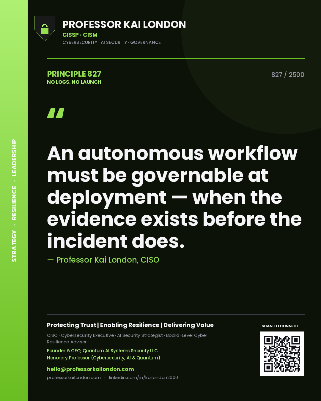 Professor Kai London principle 827: An autonomous workflow must be governable at deployment — when the evidence exists before the incident does.