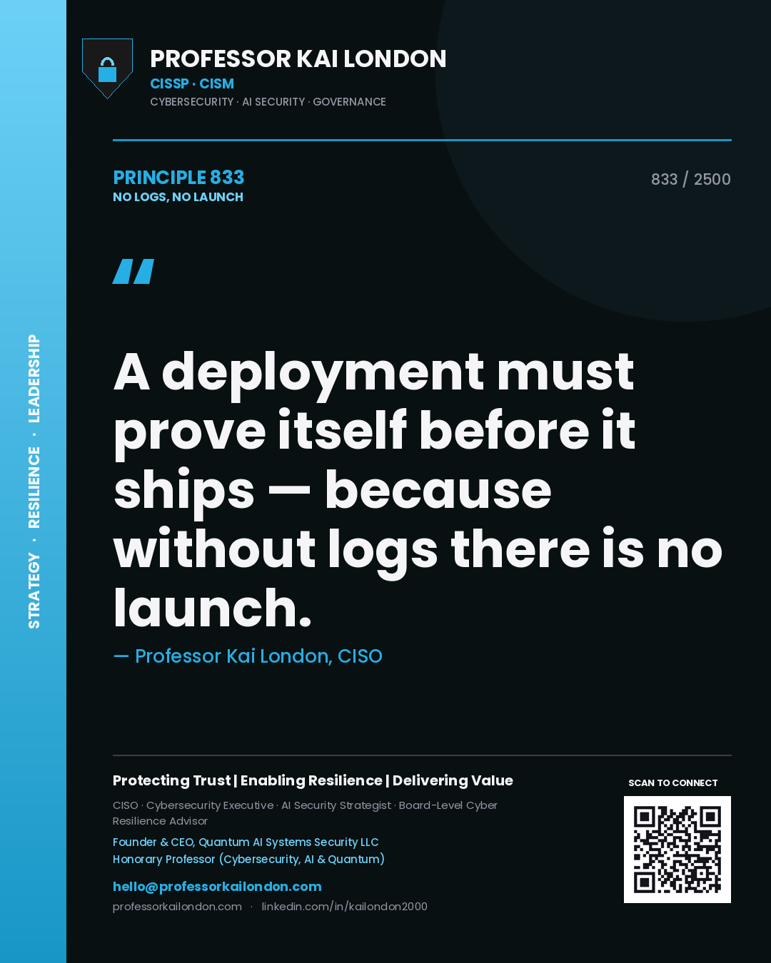 Professor Kai London principle 833: A deployment must prove itself before it ships — because without logs there is no launch.