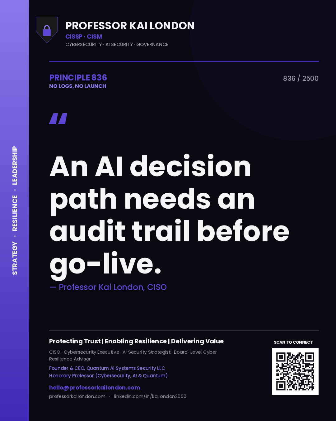 Quote card by Professor Kai London reading 'An AI decision path needs an audit trail before go-live.'. From the book No Logs, No Launch.
