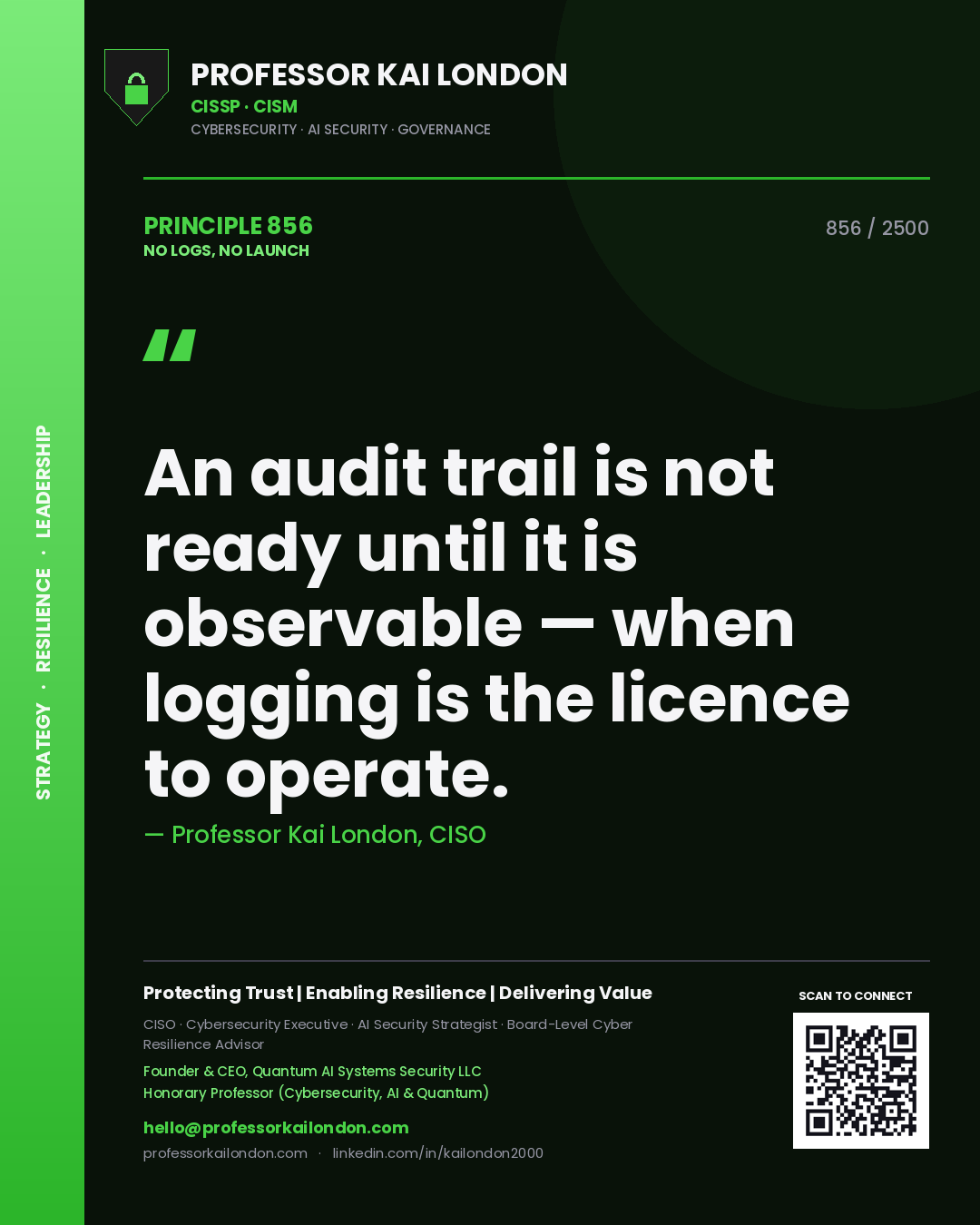 Professor Kai London principle 856: An audit trail is not ready until it is observable — when logging is the licence to operate.