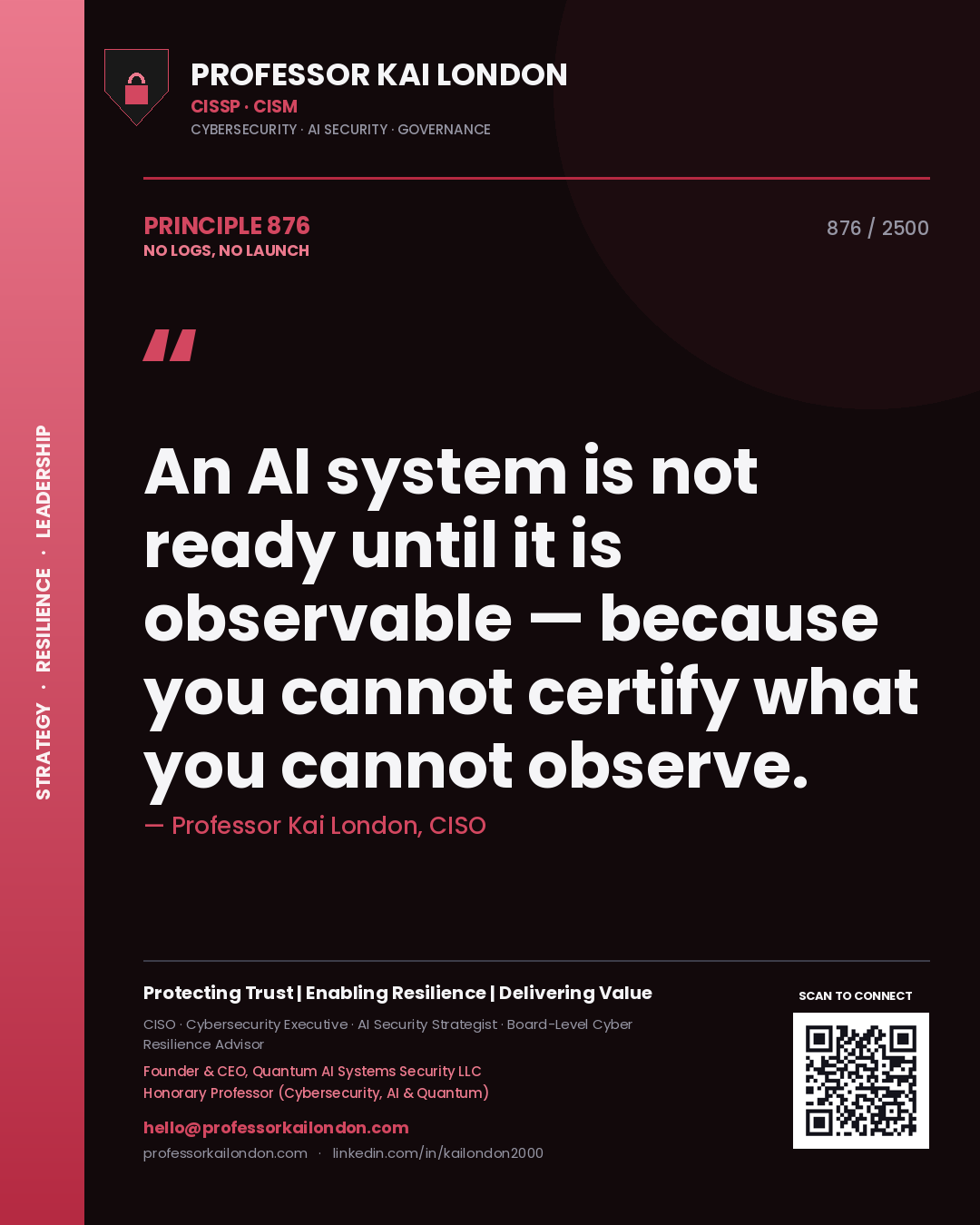 Quote card by Professor Kai London reading 'An AI system is not ready until it is observable — because you cannot certify what you cannot observe.'. From the book No Logs, No Launch.