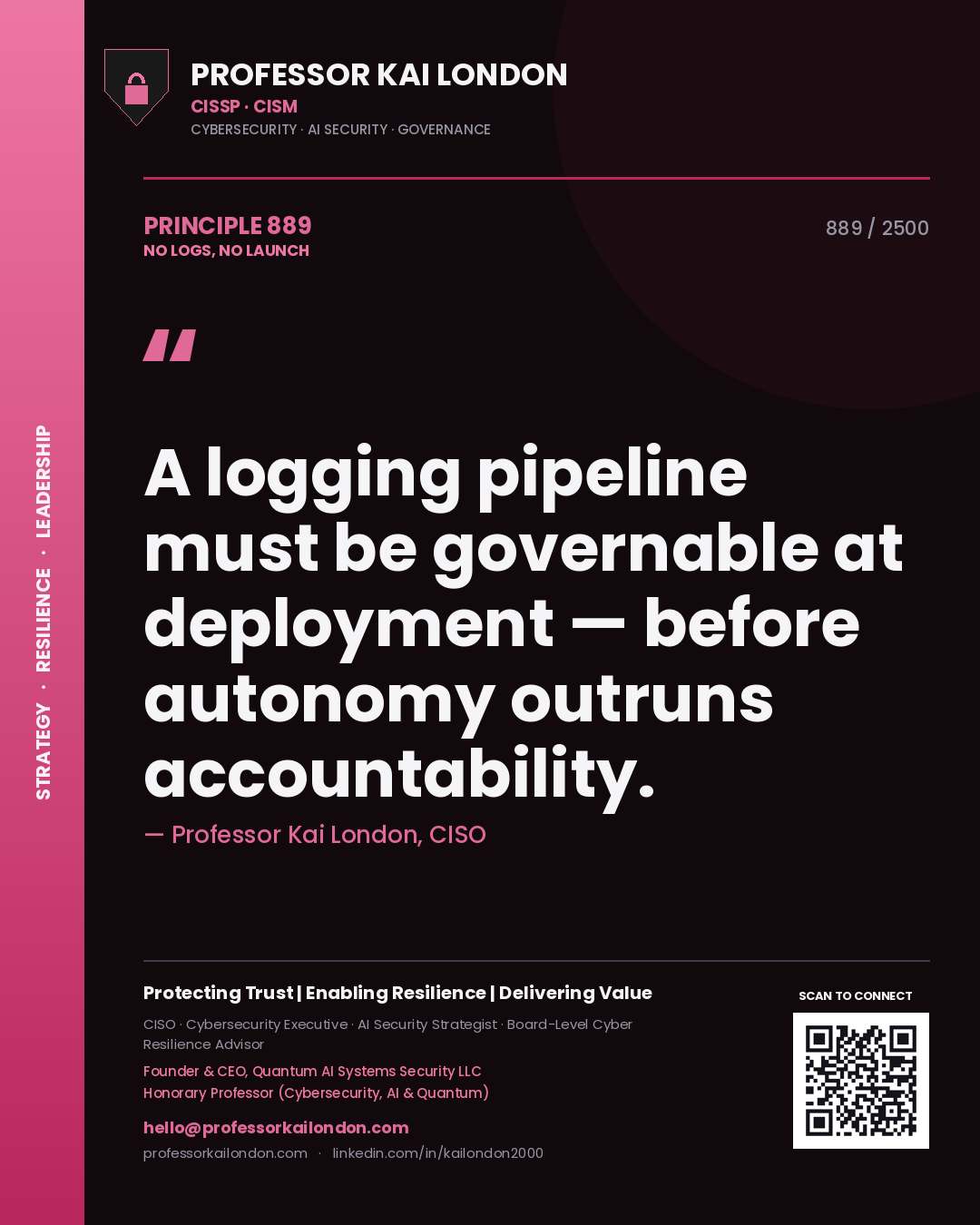 Quote card by Professor Kai London reading 'A logging pipeline must be governable at deployment — before autonomy outruns accountability.'. From the book No Logs, No Launch.
