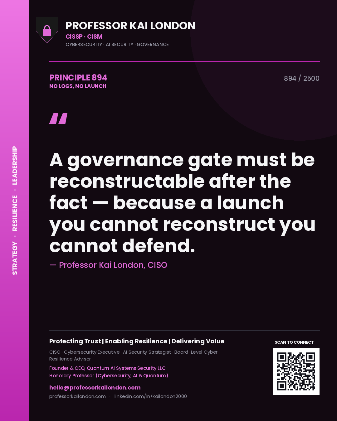 Quote card by Professor Kai London reading 'A governance gate must be reconstructable after the fact — because a launch you cannot reconstruct you cannot defend.'. From the book No Logs, No Launch.