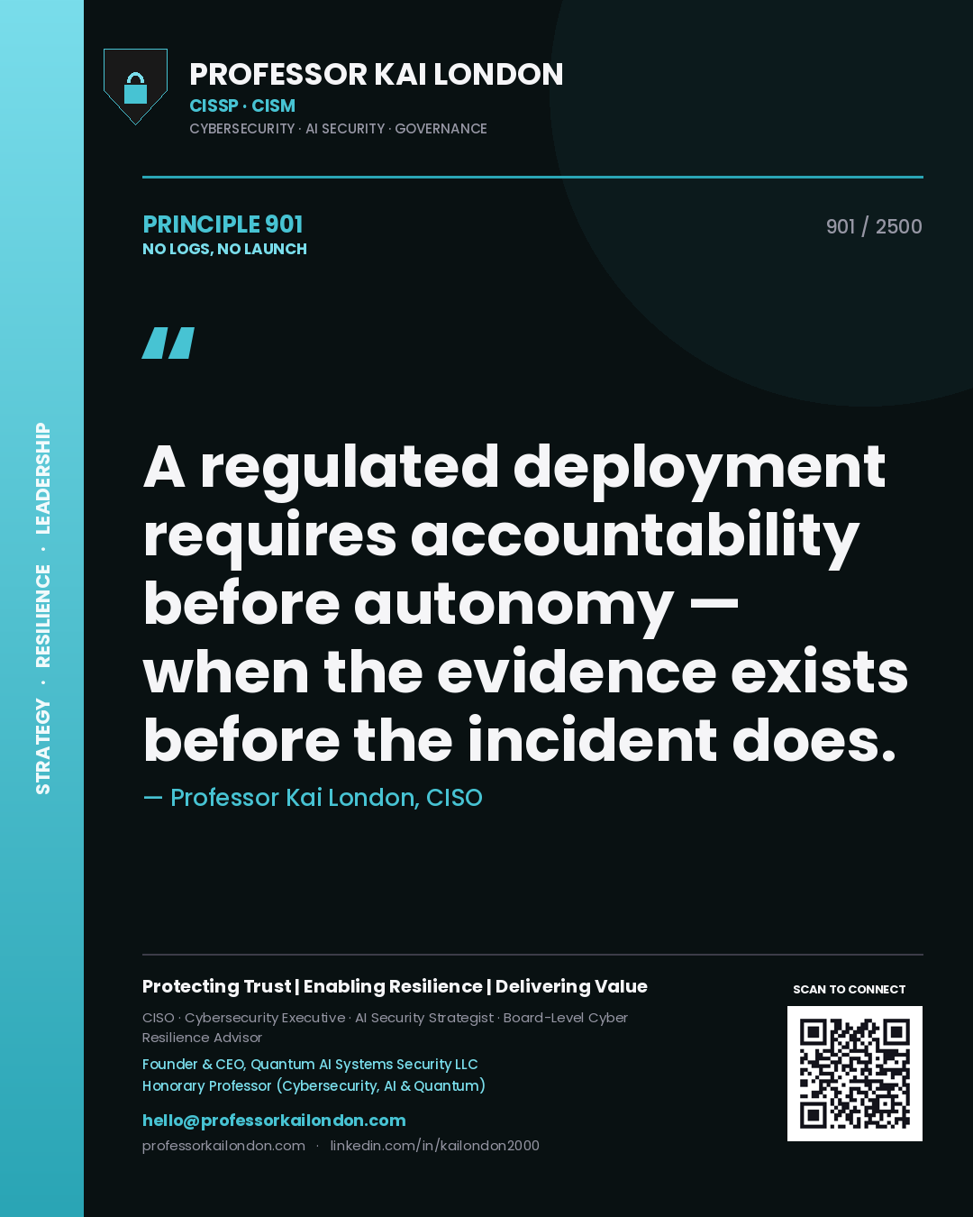 Quote card by Professor Kai London reading 'A regulated deployment requires accountability before autonomy — when the evidence exists before the incident does.'. From the book No Logs, No Launch.