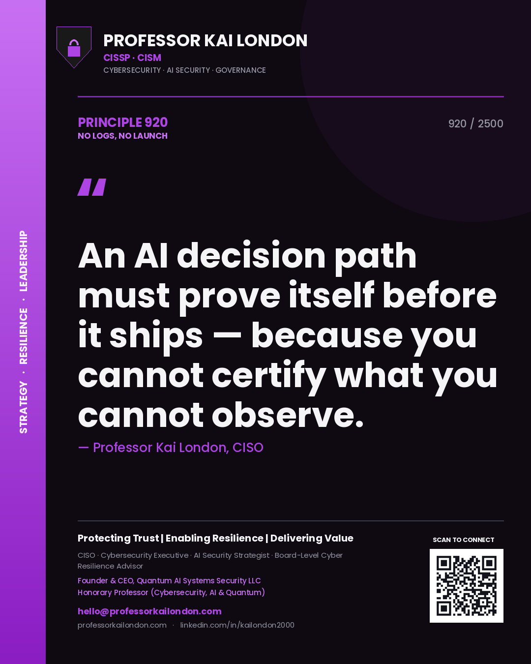 Quote card by Professor Kai London reading 'An AI decision path must prove itself before it ships — because you cannot certify what you cannot observe.'. From the book No Logs, No Launch.