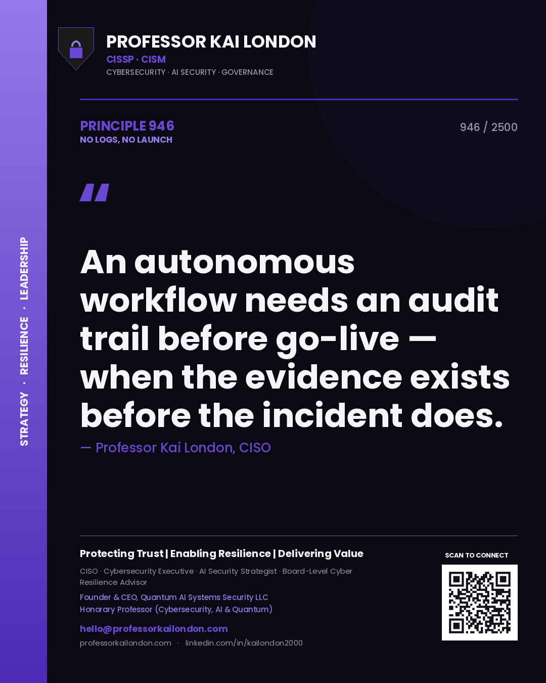 Quote card by Professor Kai London reading 'An autonomous workflow needs an audit trail before go-live — when the evidence exists before the incident does.'. From the book No Logs, No Launch.