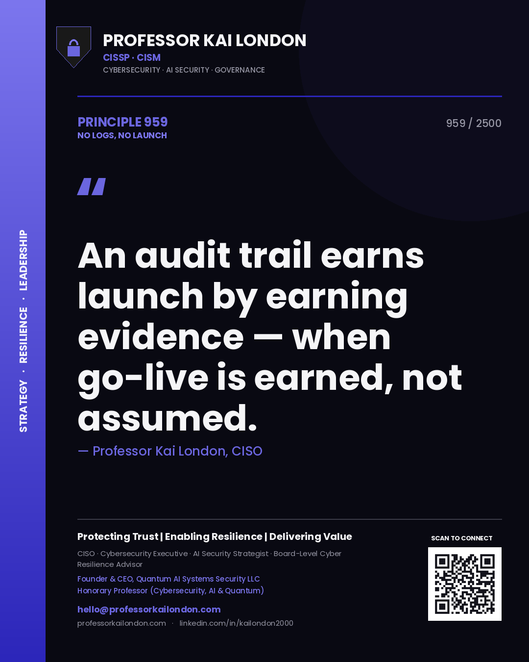 Professor Kai London principle 959: An audit trail earns launch by earning evidence — when go-live is earned, not assumed.