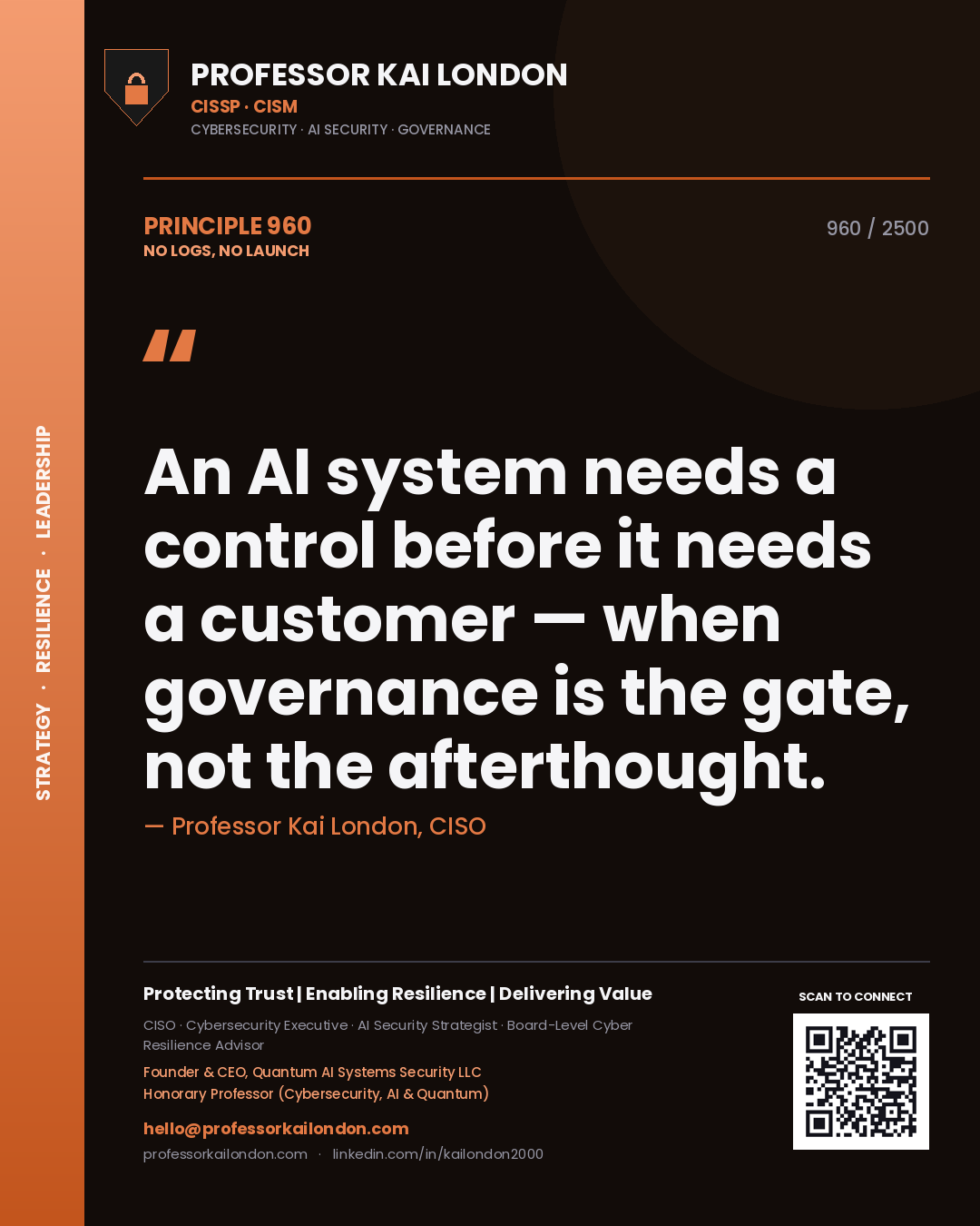 Professor Kai London principle 960: An AI system needs a control before it needs a customer — when governance is the gate, not the afterthought.