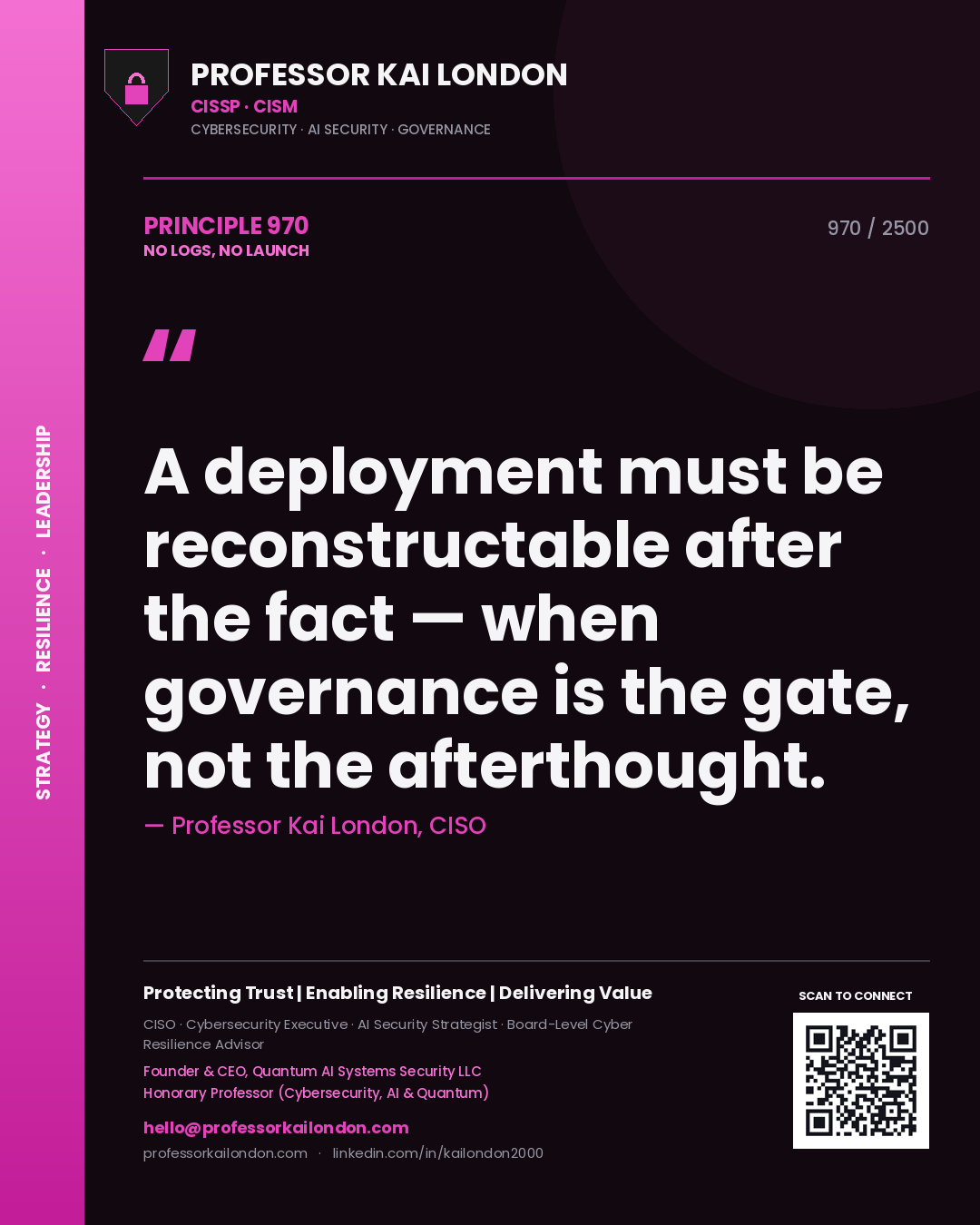 Professor Kai London principle 970: A deployment must be reconstructable after the fact — when governance is the gate, not the afterthought.