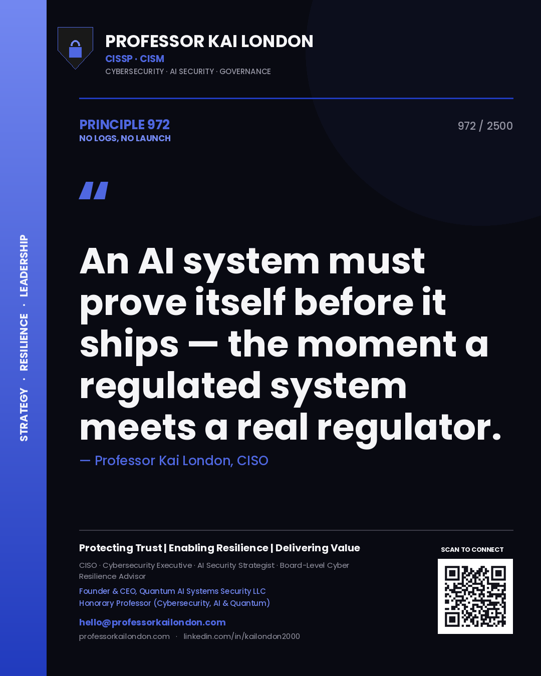 Professor Kai London principle 972: An AI system must prove itself before it ships — the moment a regulated system meets a real regulator.