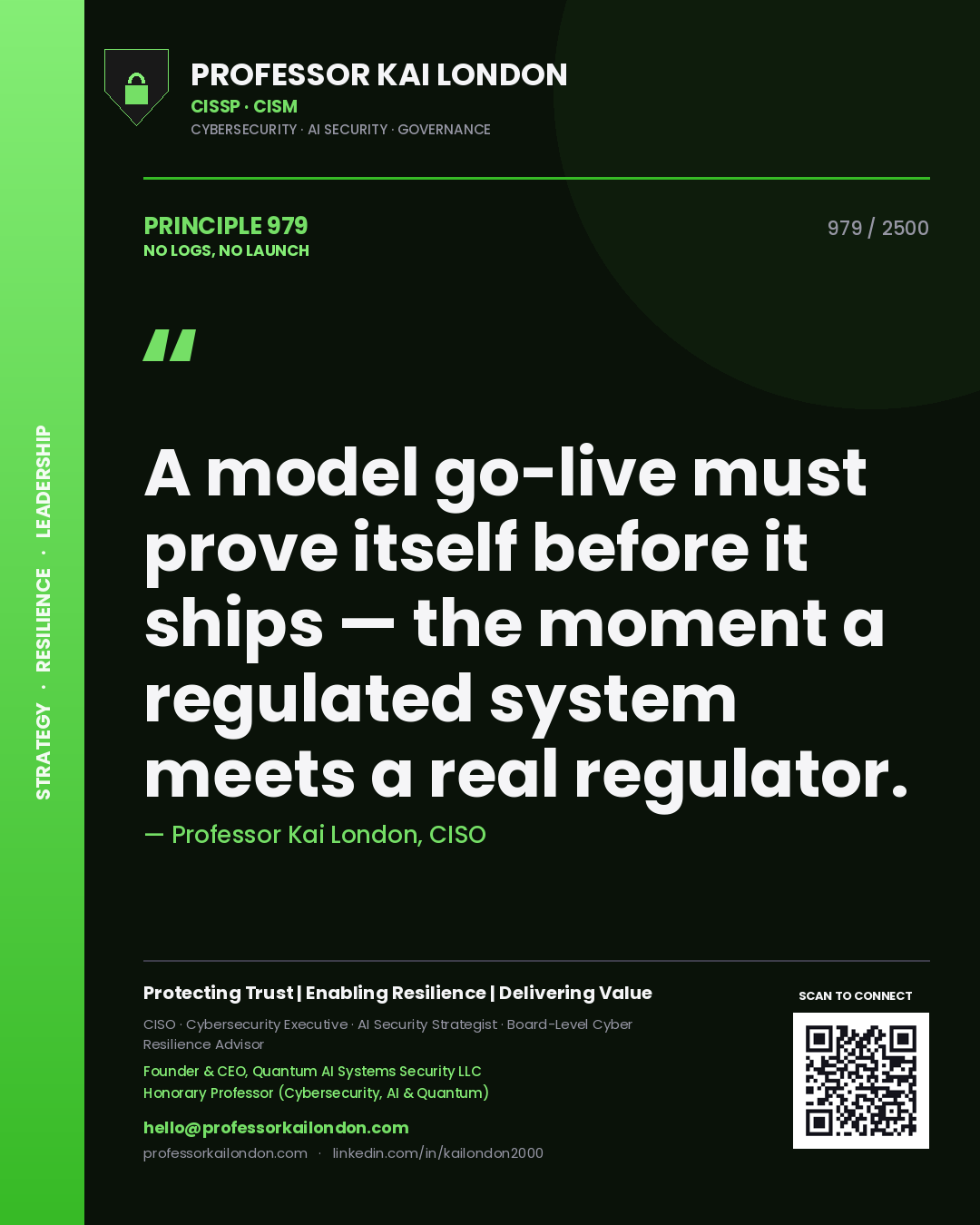 Professor Kai London principle 979: A model go-live must prove itself before it ships — the moment a regulated system meets a real regulator.