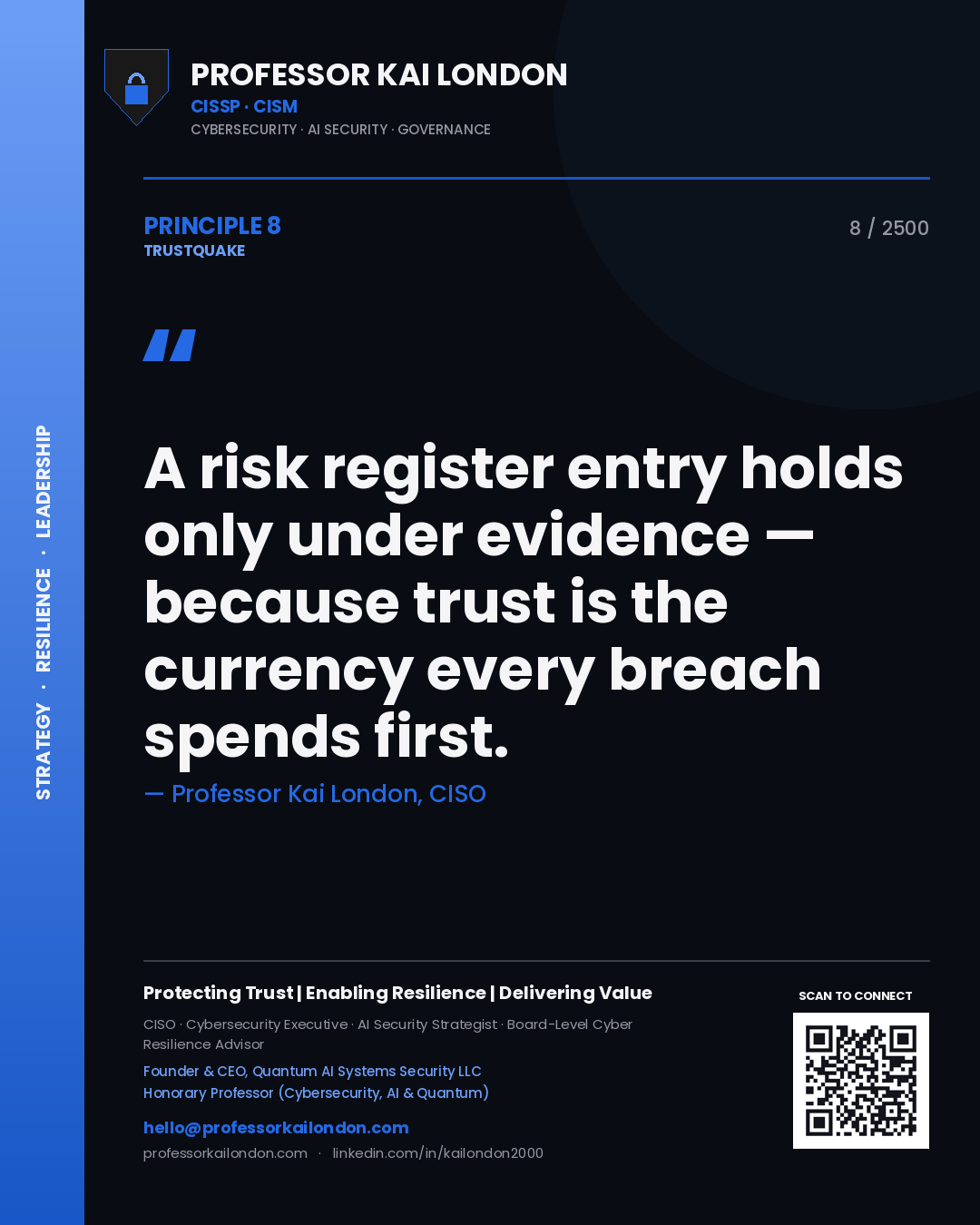 Professor Kai London principle 8: A risk register entry holds only under evidence — because trust is the currency every breach spends first.