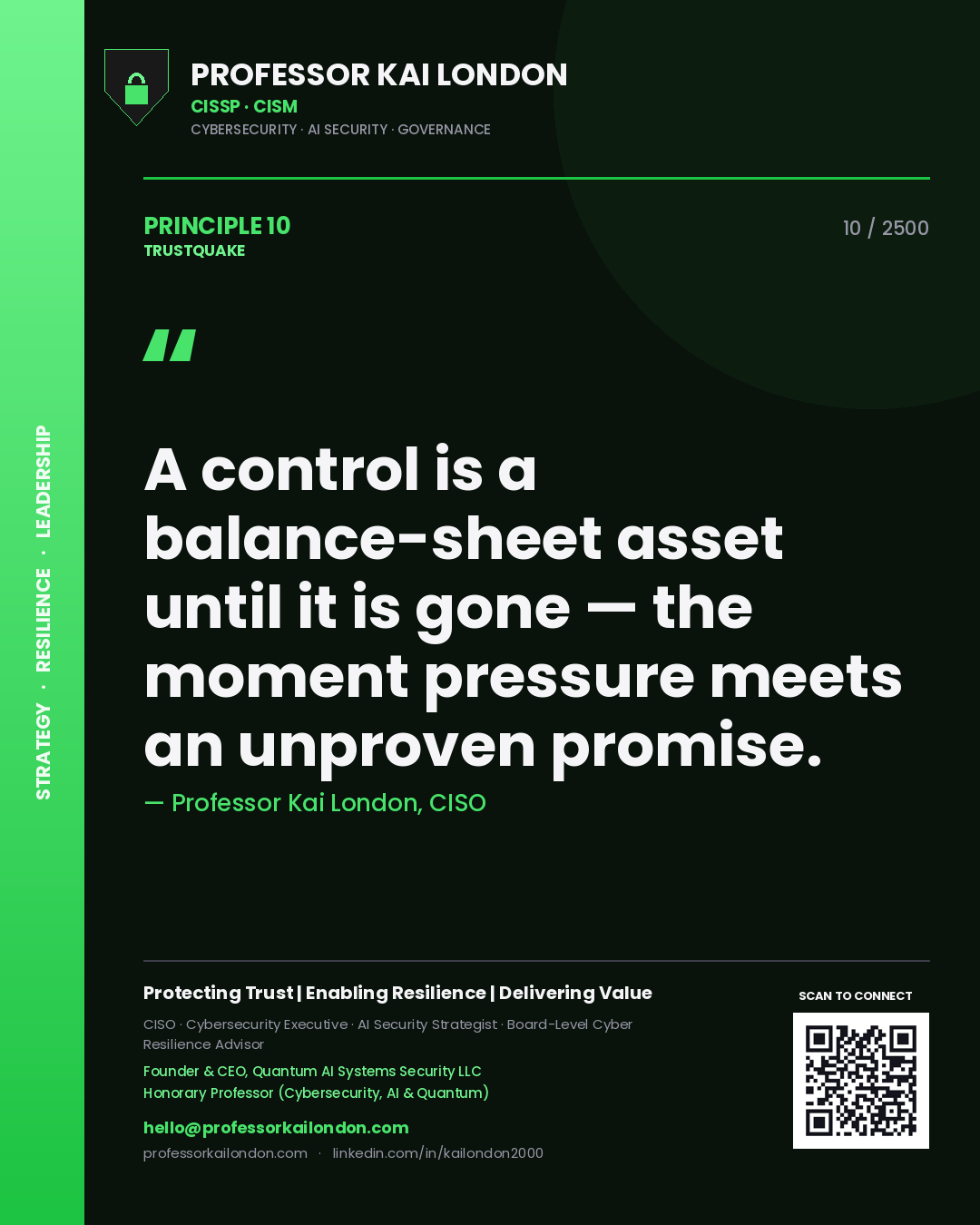Quote card by Professor Kai London reading 'A control is a balance-sheet asset until it is gone — the moment pressure meets an unproven promise.'. From the book Trustquake.