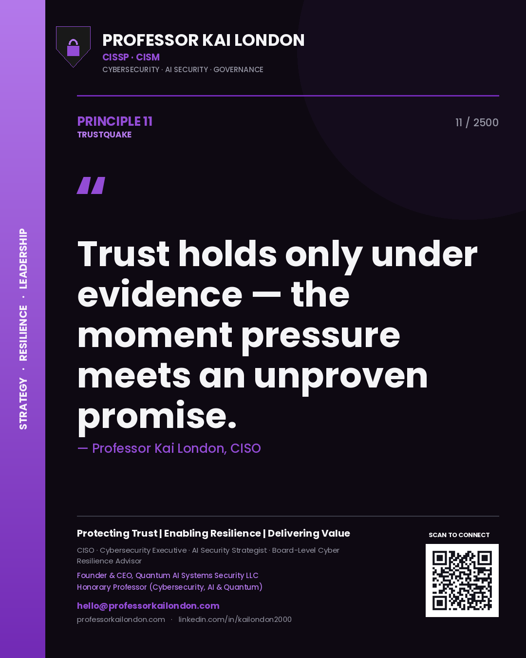 Quote card by Professor Kai London reading 'Trust holds only under evidence — the moment pressure meets an unproven promise.'. From the book Trustquake.