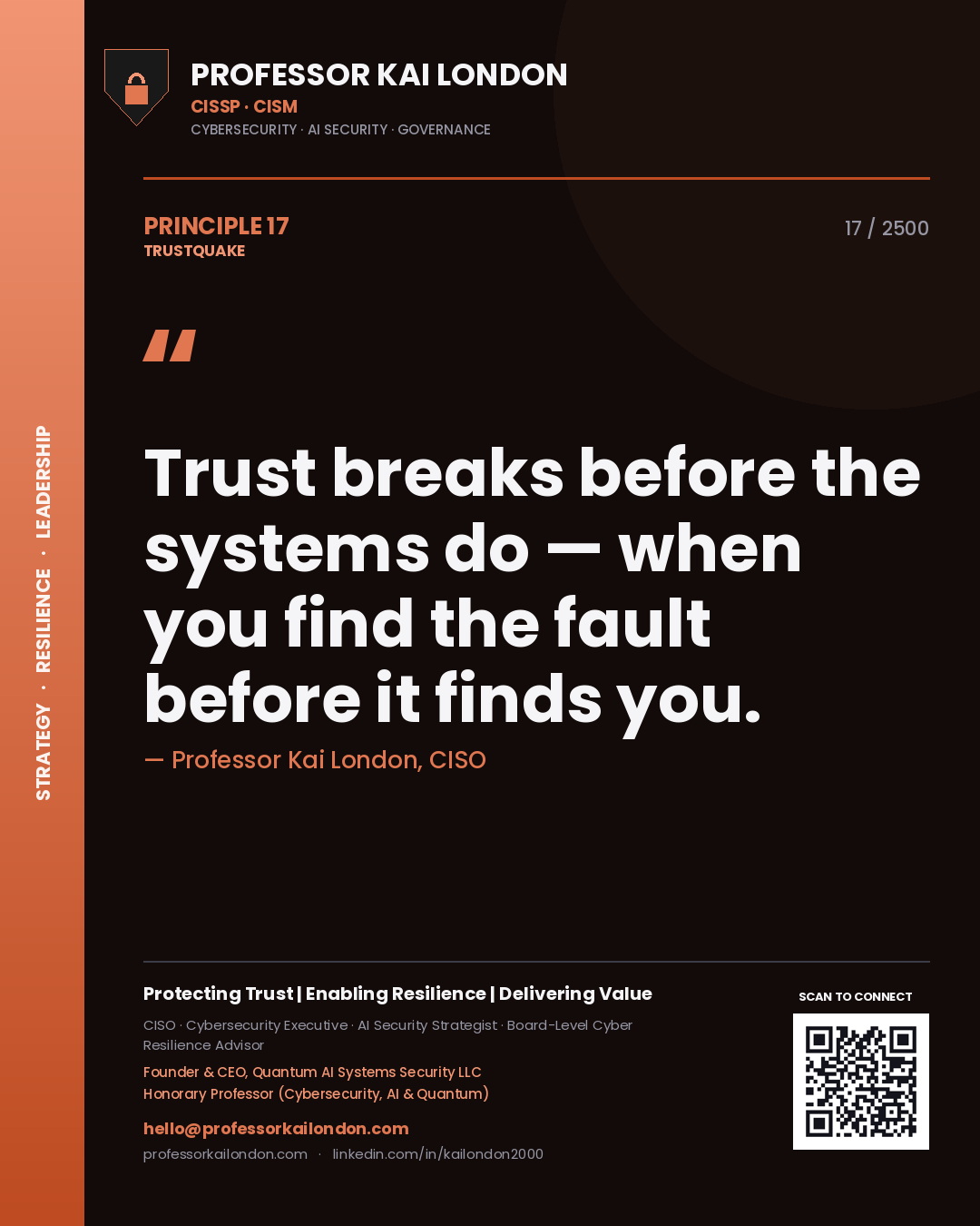 Professor Kai London principle 17: Trust breaks before the systems do — when you find the fault before it finds you.
