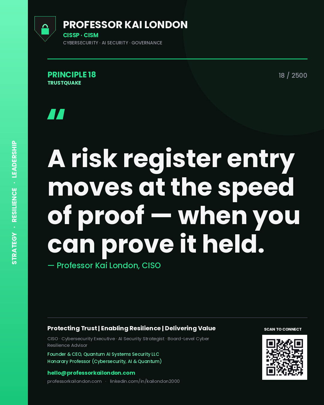 Quote card by Professor Kai London reading 'A risk register entry moves at the speed of proof — when you can prove it held.'. From the book Trustquake.