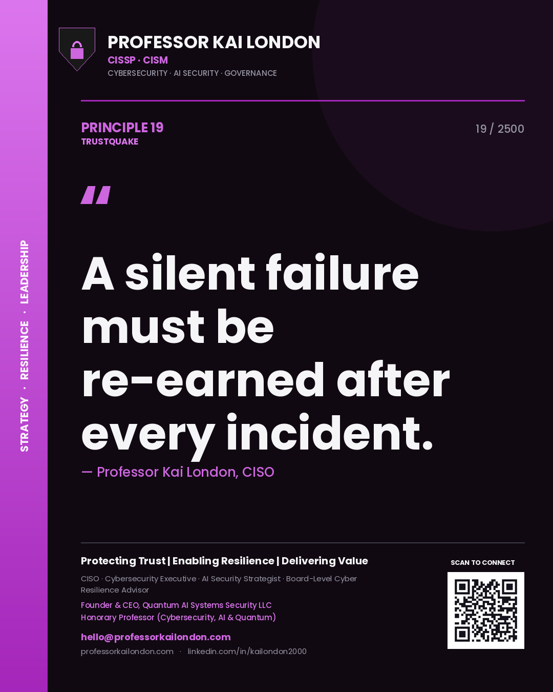 Quote card by Professor Kai London reading 'A silent failure must be re-earned after every incident.'. From the book Trustquake.
