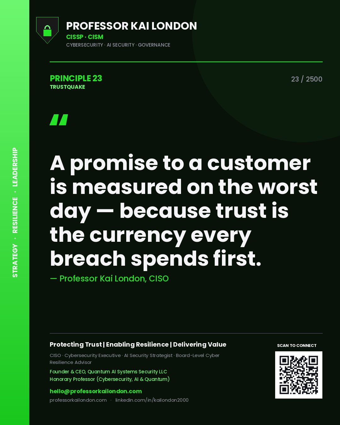 Professor Kai London principle 23: A promise to a customer is measured on the worst day — because trust is the currency every breach spends first.