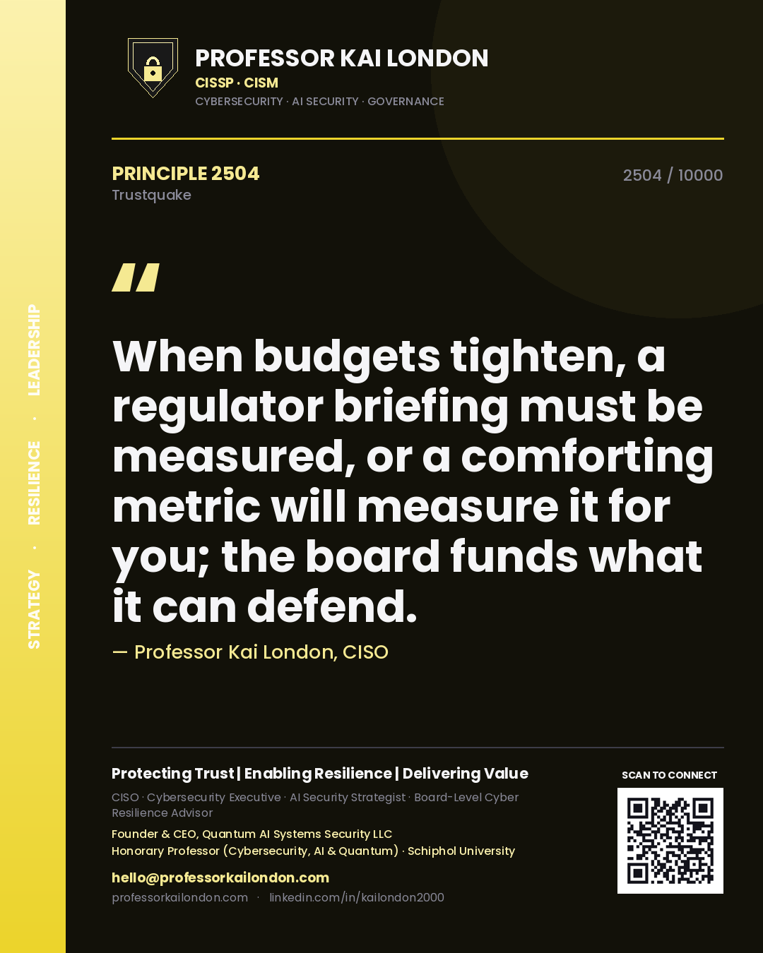 Professor Kai London principle 2504: When budgets tighten, a regulator briefing must be measured, or a comforting metric will measure it for you; the board funds what it can defend.