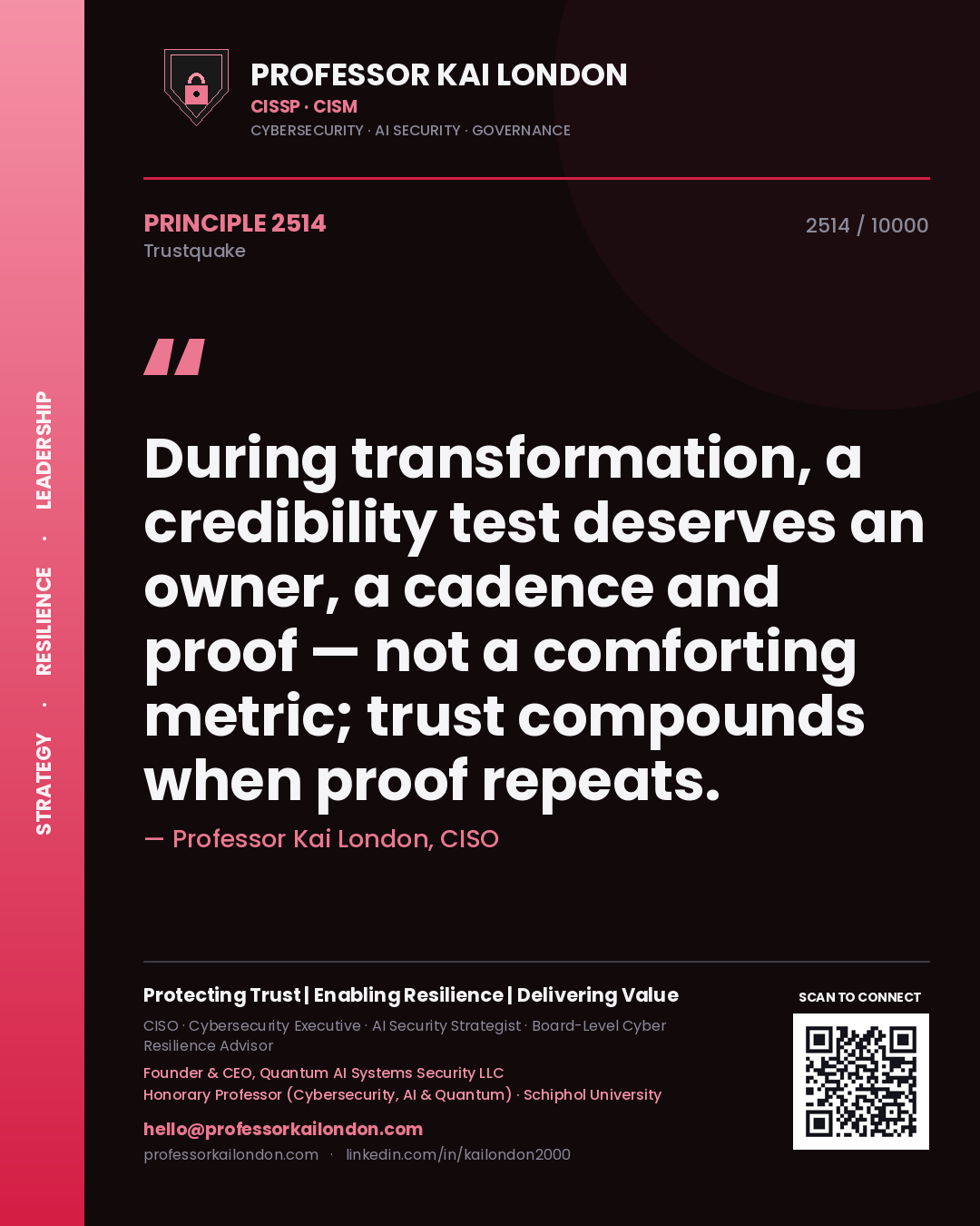 Professor Kai London principle 2514: During transformation, a credibility test deserves an owner, a cadence and proof — not a comforting metric; trust compounds when proof repeats.