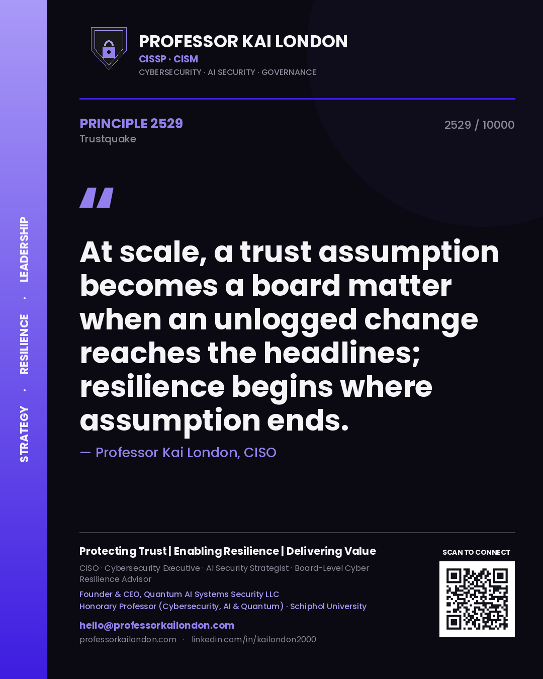 Professor Kai London principle 2529: At scale, a trust assumption becomes a board matter when an unlogged change reaches the headlines; resilience begins where assumption ends.
