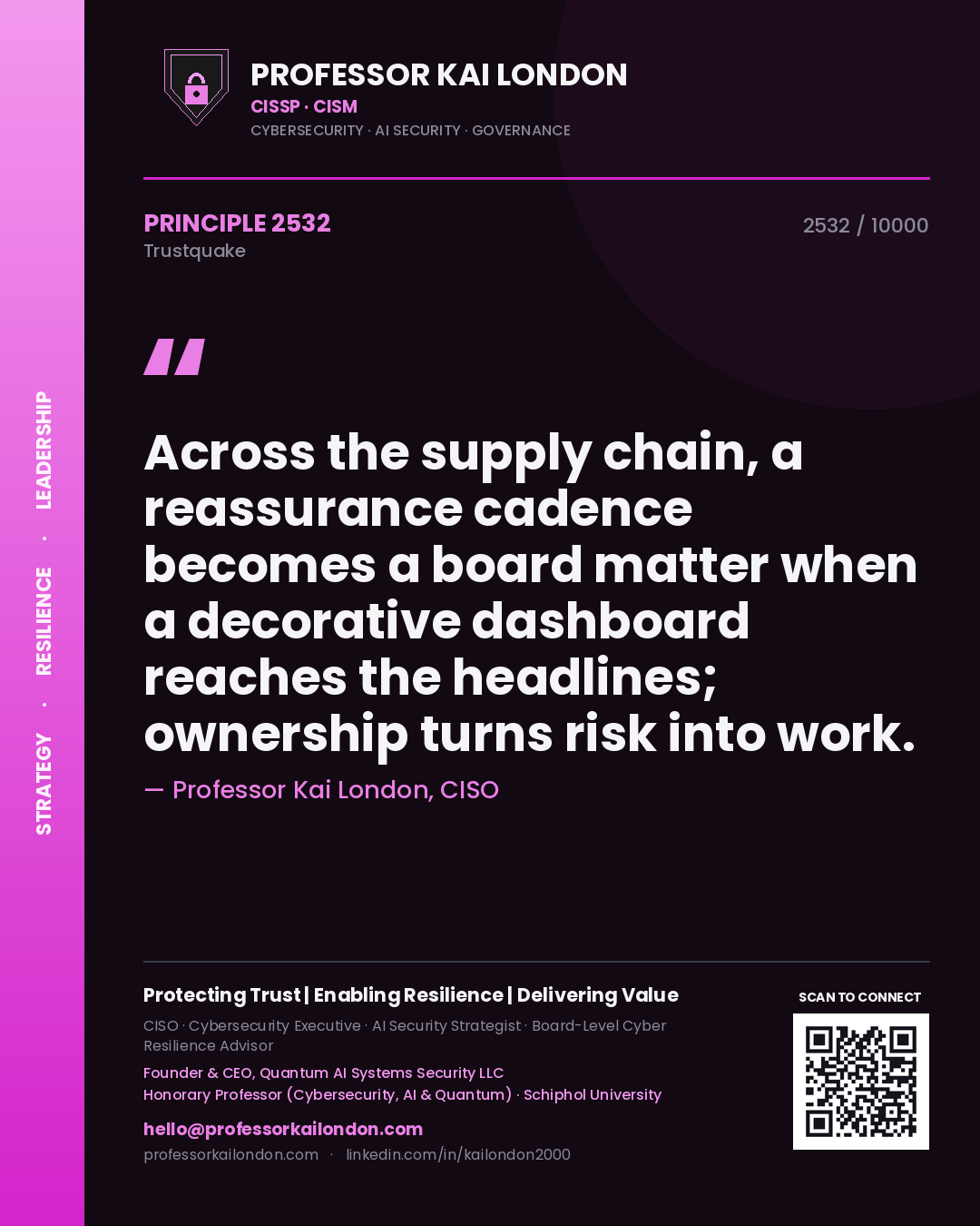 Professor Kai London principle 2532: Across the supply chain, a reassurance cadence becomes a board matter when a decorative dashboard reaches the headlines; ownership turns risk into work.
