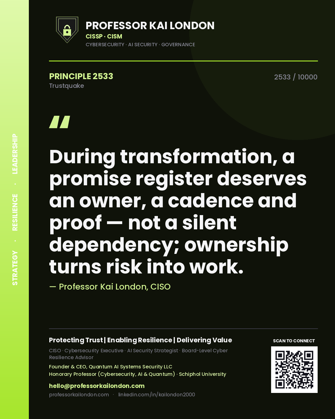 Professor Kai London principle 2533: During transformation, a promise register deserves an owner, a cadence and proof — not a silent dependency; ownership turns risk into work.