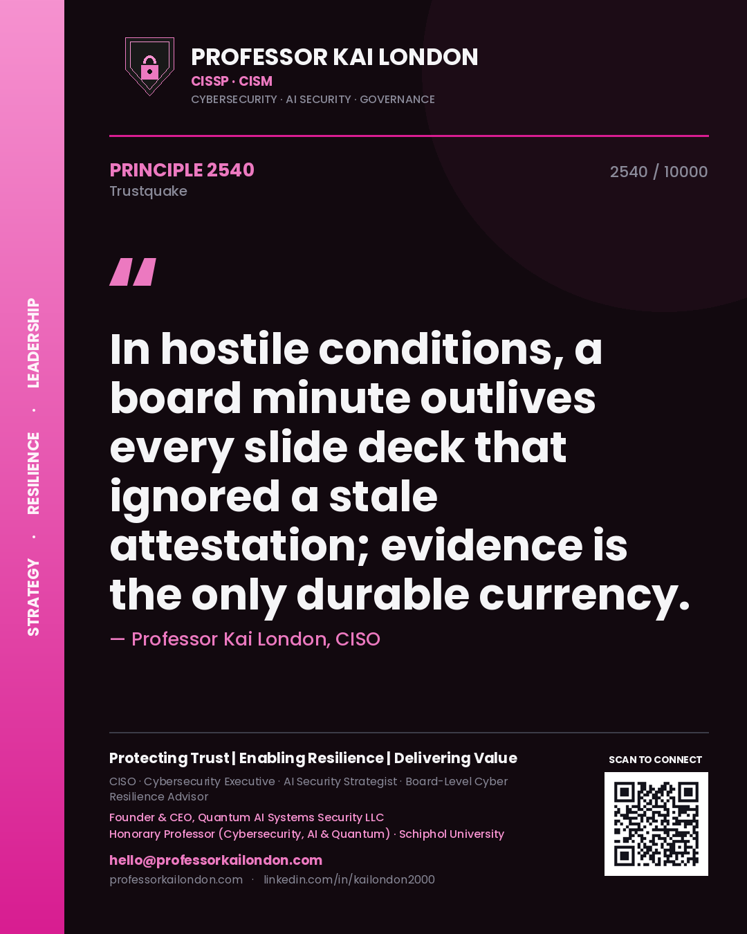 Professor Kai London principle 2540: In hostile conditions, a board minute outlives every slide deck that ignored a stale attestation; evidence is the only durable currency.