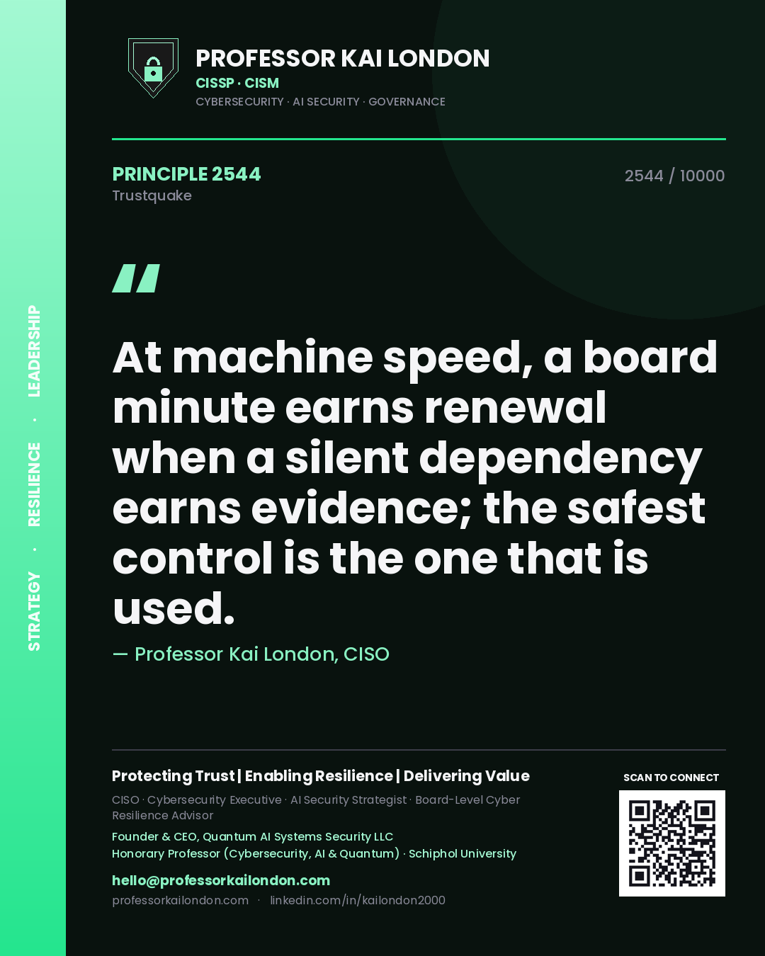 Professor Kai London principle 2544: At machine speed, a board minute earns renewal when a silent dependency earns evidence; the safest control is the one that is used.